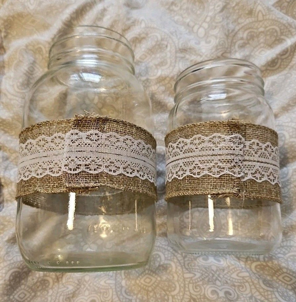 Rustic Country Chic Burlap & Lace Glass Bottle & 2 Mason Jar Decor Set
