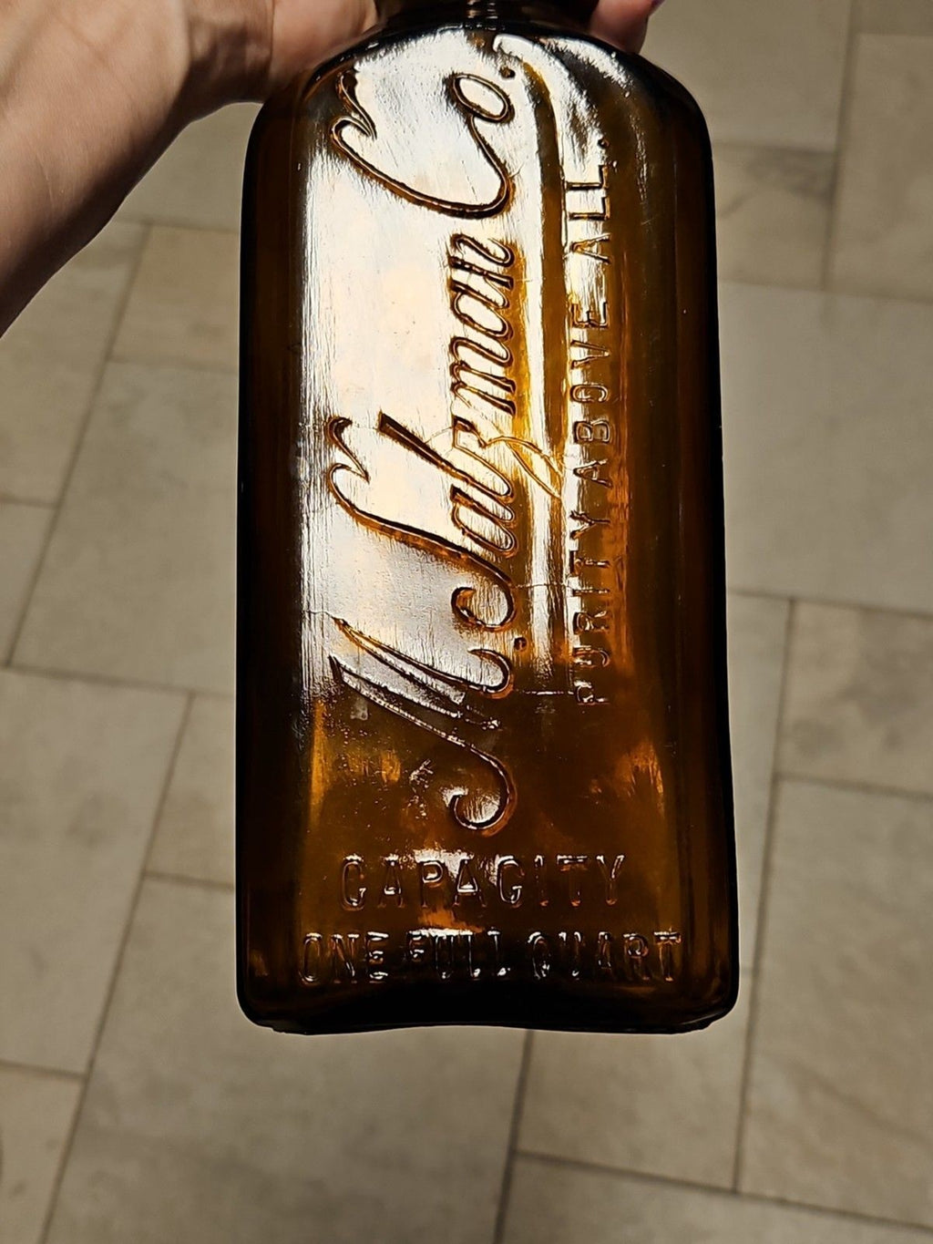 Vintage M. Salzman Co. Purity Above All Brown Amber Hand Blown Whiskey Bottle