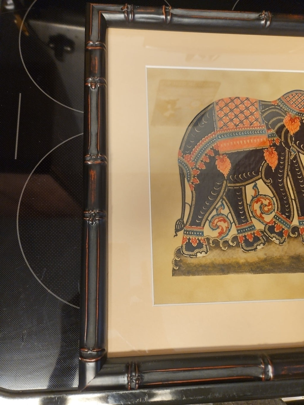 Framed Hand Carved Thai Elephant Hammered Painted Leather Nang Taloong 19.5"x16"