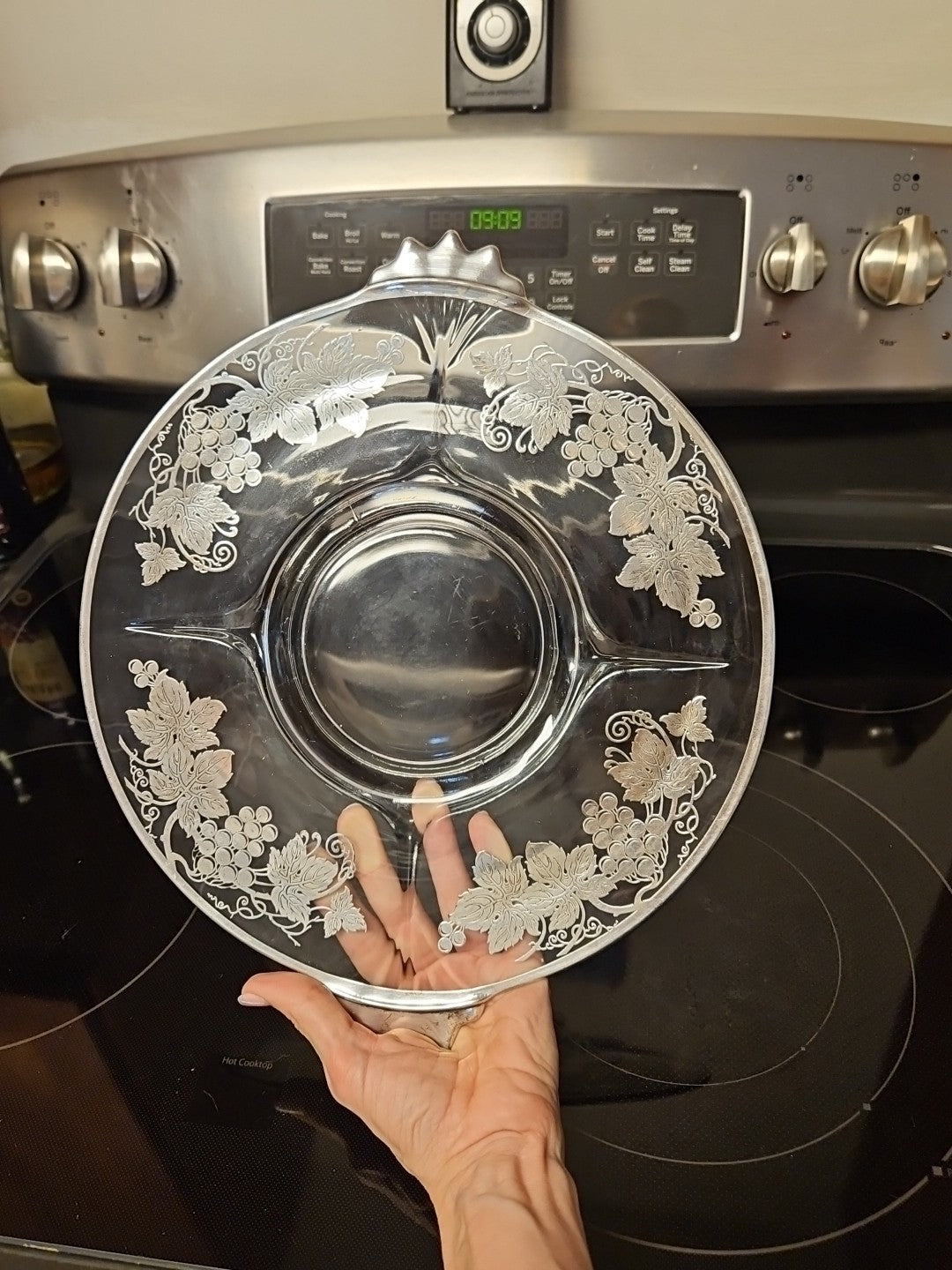 Vintage Glass Serving 11.5" Platter With Silver Grape Vine & Leaves Design