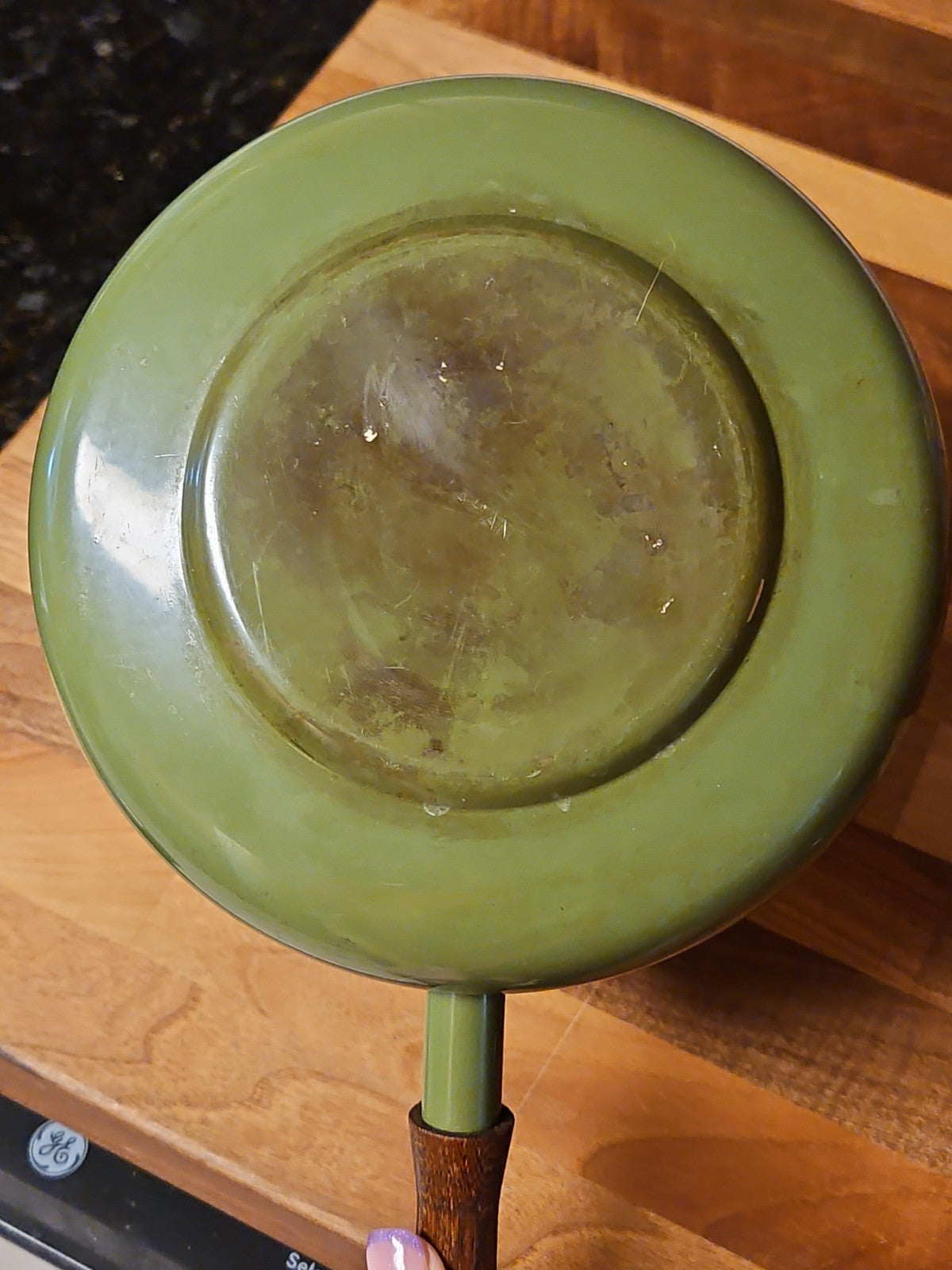 Vintage Green Enamel Fondue Pot Saucepan Floral MCM Boho Wood Handle 1970s