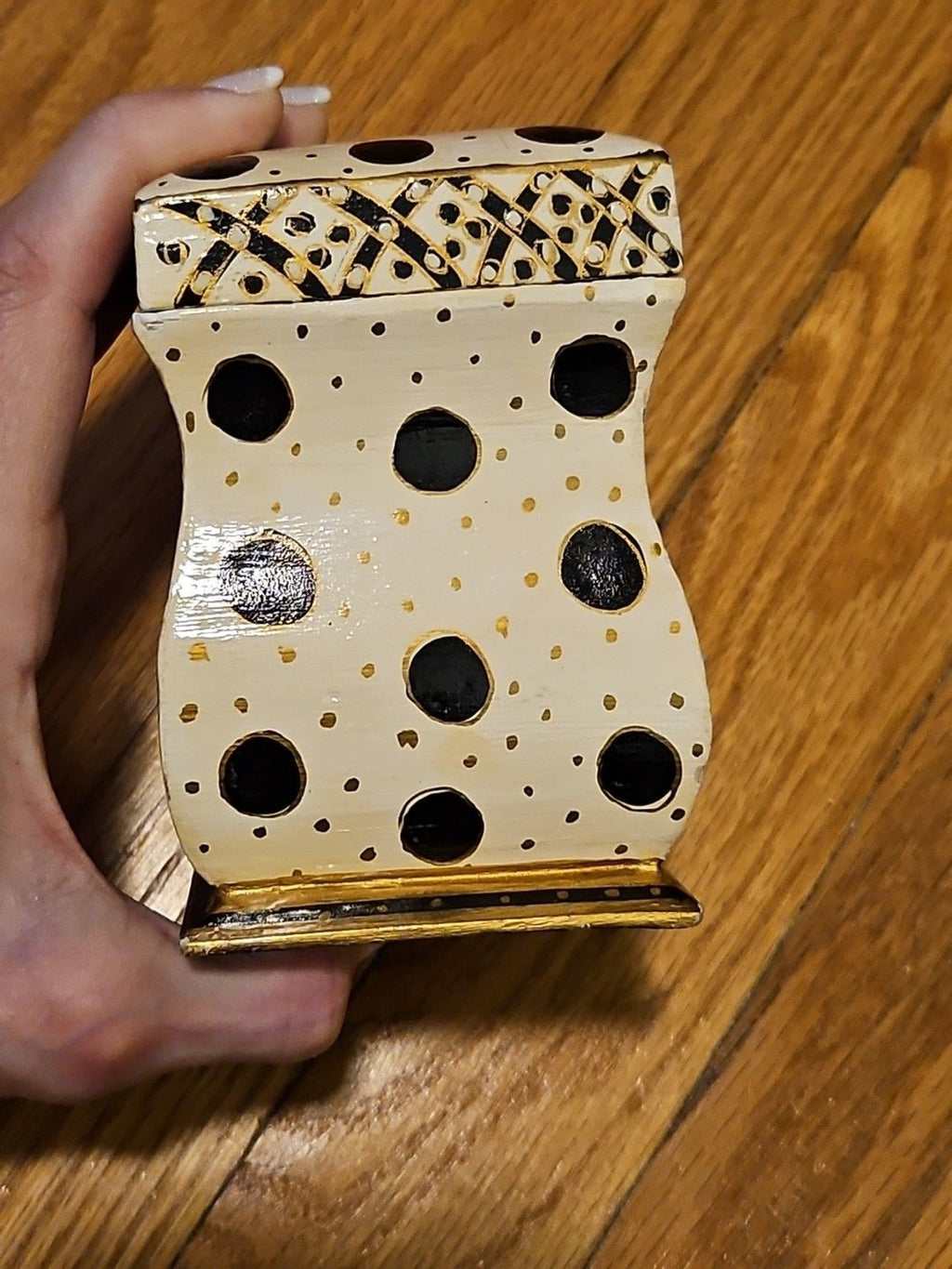 Hand Painted Black, White & Gold Wood 2 Deck Playing Card Holder Canasta Bridge