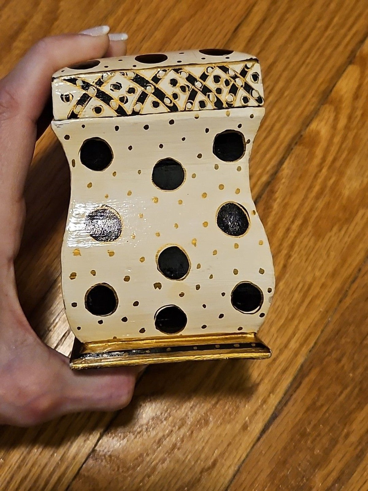 Hand Painted Black, White & Gold Wood 2 Deck Playing Card Holder Canasta Bridge