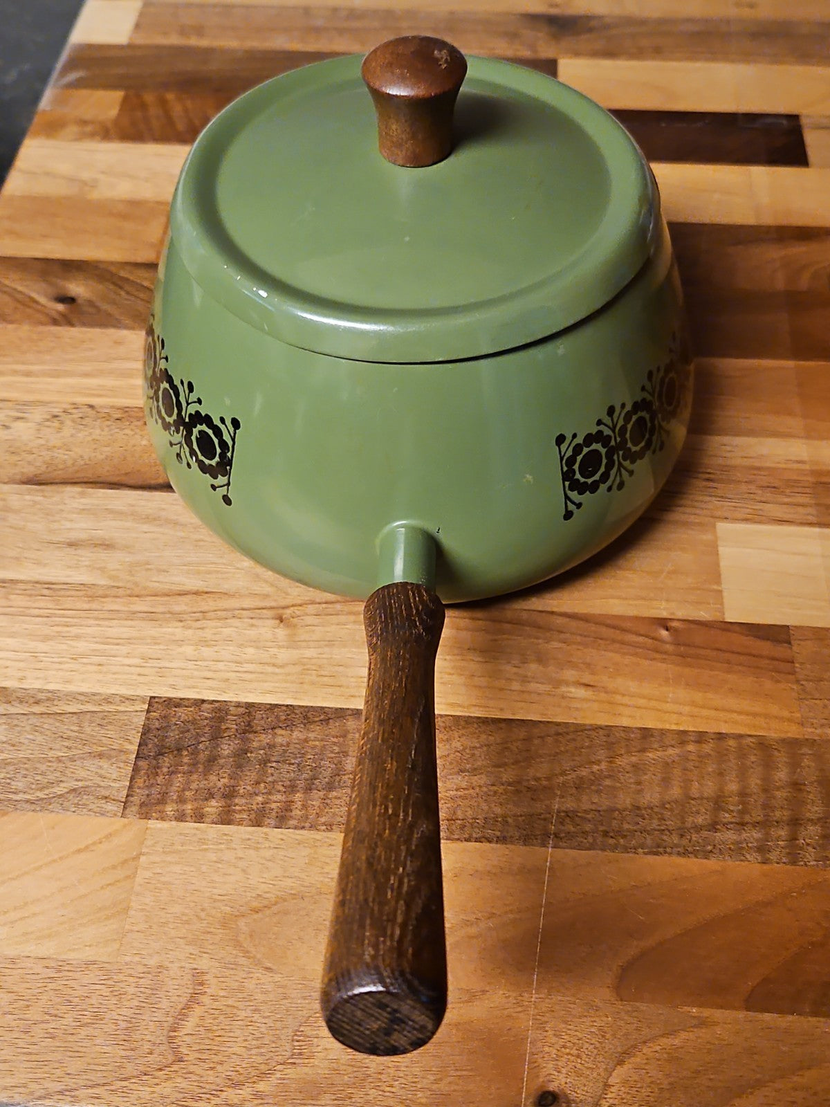 Vintage Green Enamel Fondue Pot Saucepan Floral MCM Boho Wood Handle 1970s