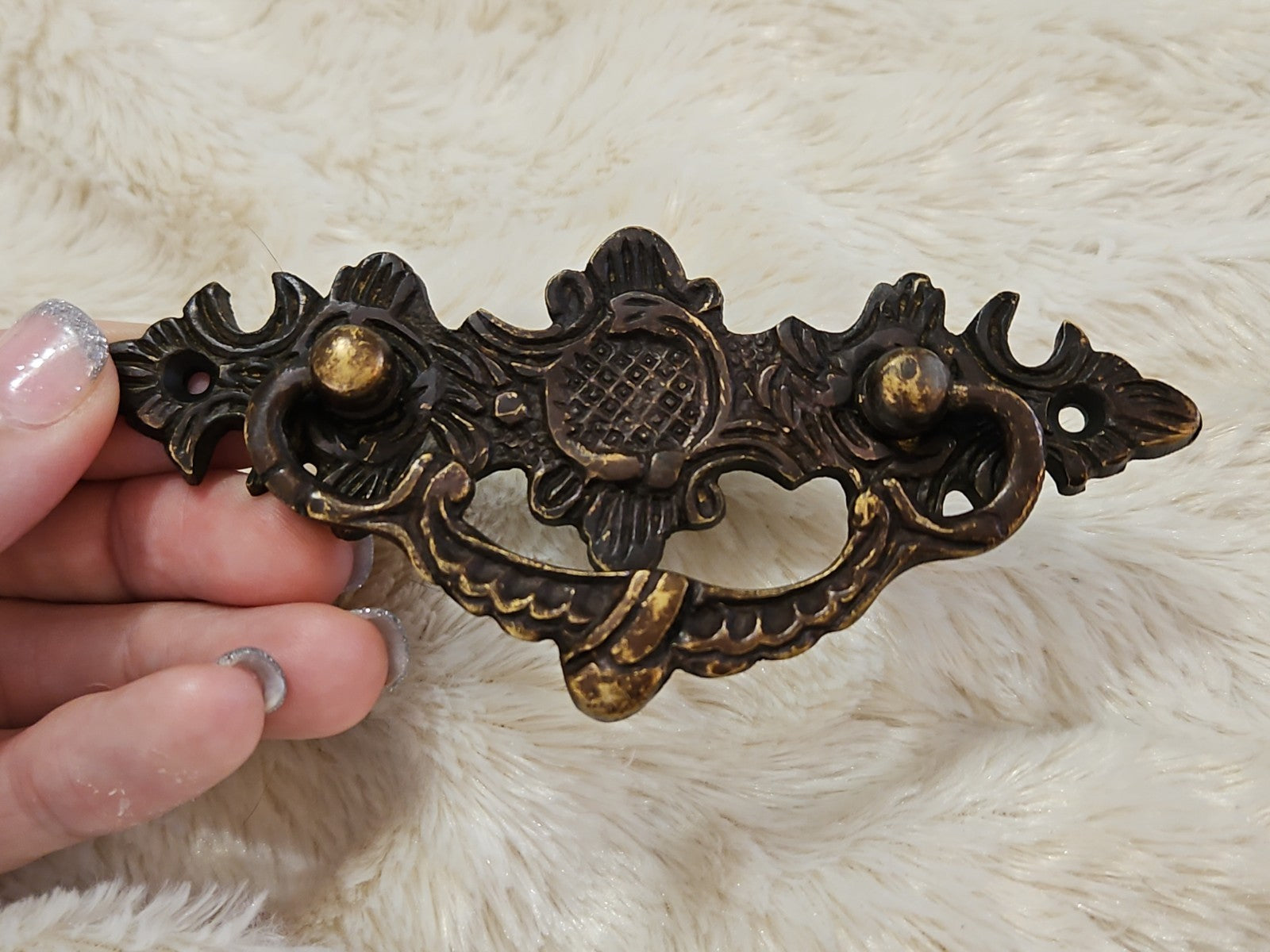 Ornate Vintage Brass Bail Pull Drawer Pull With Backplate 5"