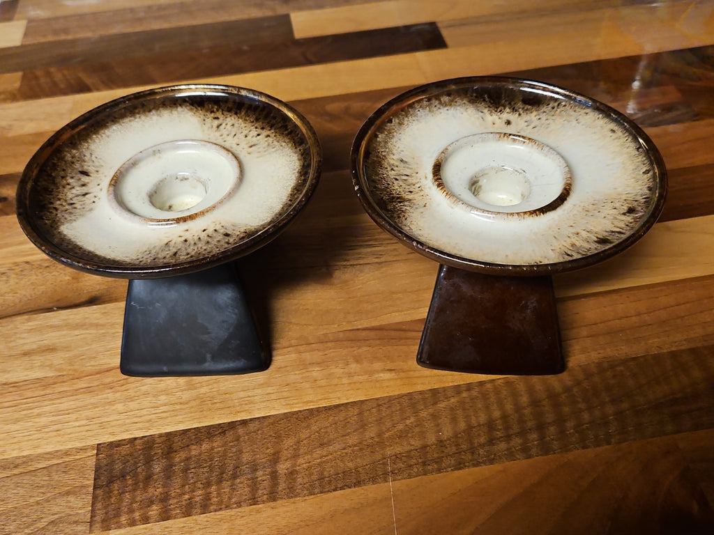 Set Of 2 Vintage MCM Dark Brown Glazed Pottery Taper Holders Candle Holders