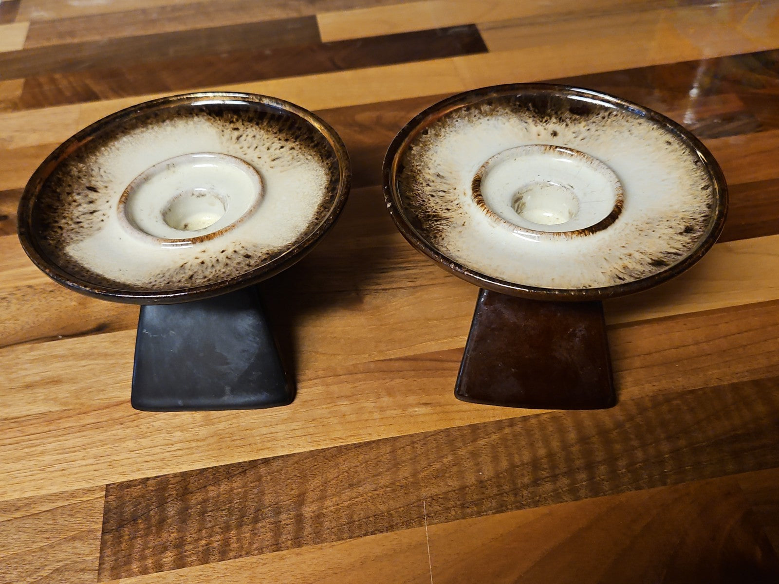 Set Of 2 Vintage MCM Dark Brown Glazed Pottery Taper Holders Candle Holders