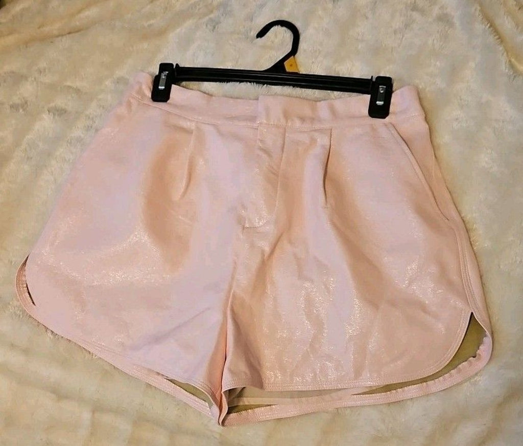 Grey Lab Pink Faux Vegan Leather Sz M Elastic Back Pocket Shorts Fully Lined
