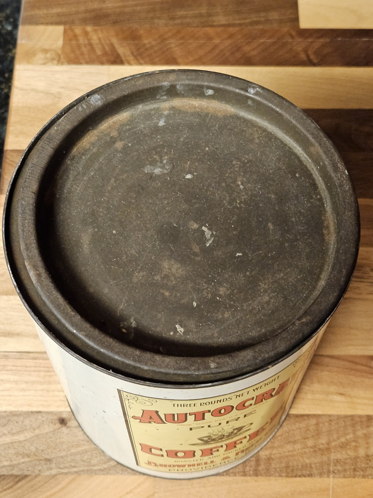 Vintage Brownell & Field Providence RI Autocrat Coffee 3lb Tin W/ Off-Center Lid