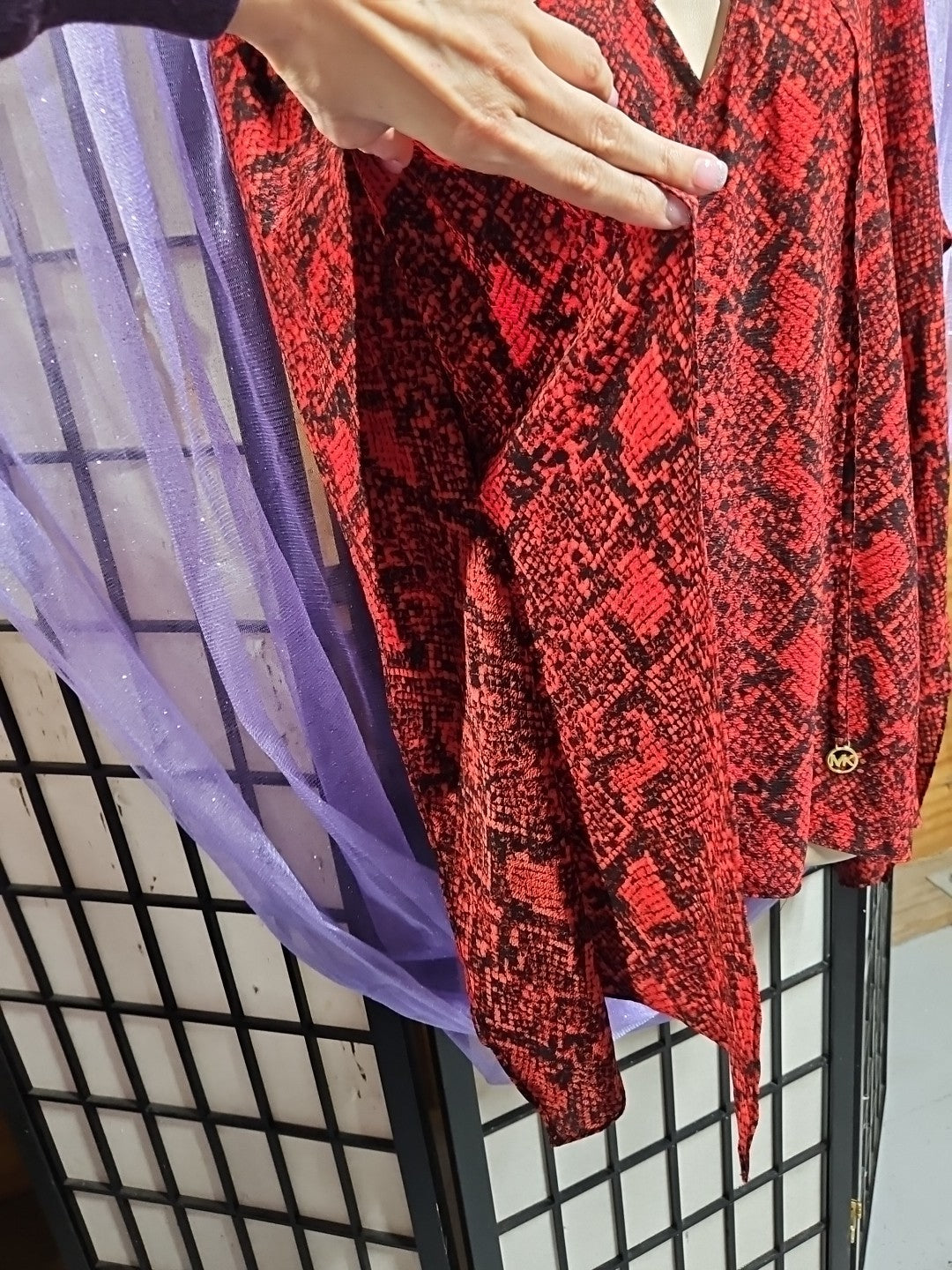 MICHAEL MICHAEL KORS Size L / XL Poncho Top Red Snake Print Lace Up Detail