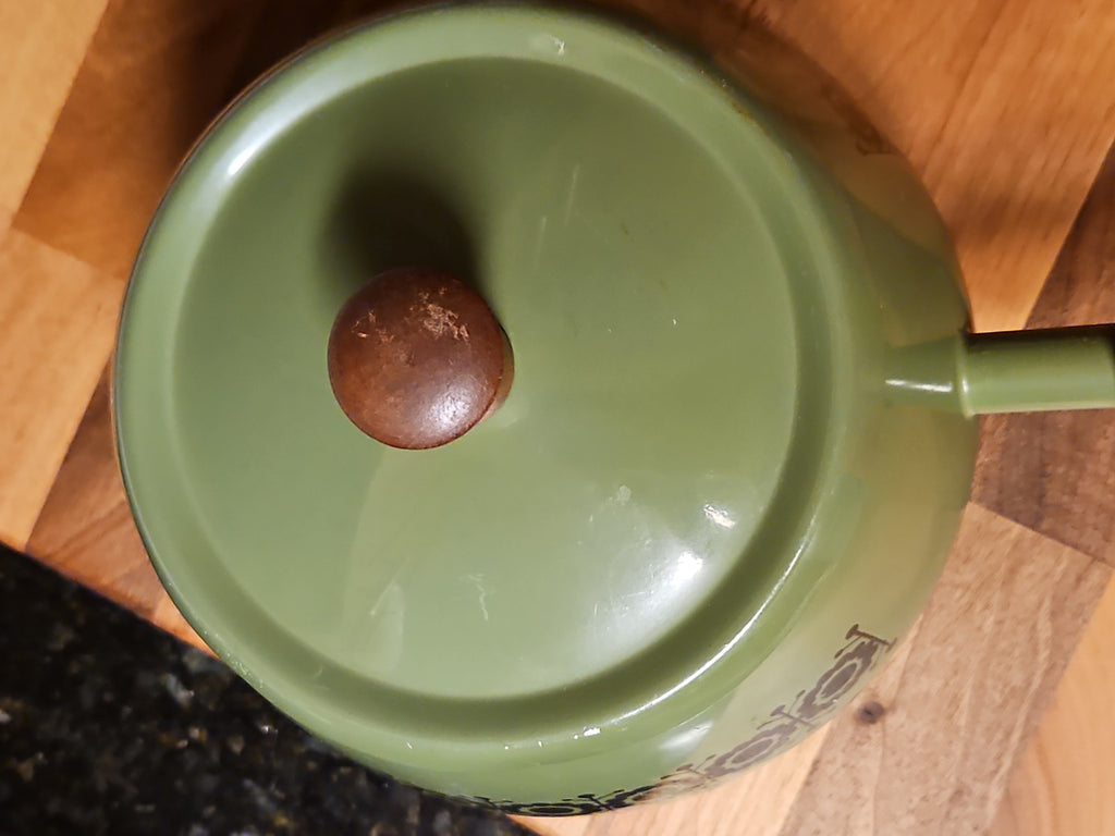 Vintage Green Enamel Fondue Pot Saucepan Floral MCM Boho Wood Handle 1970s