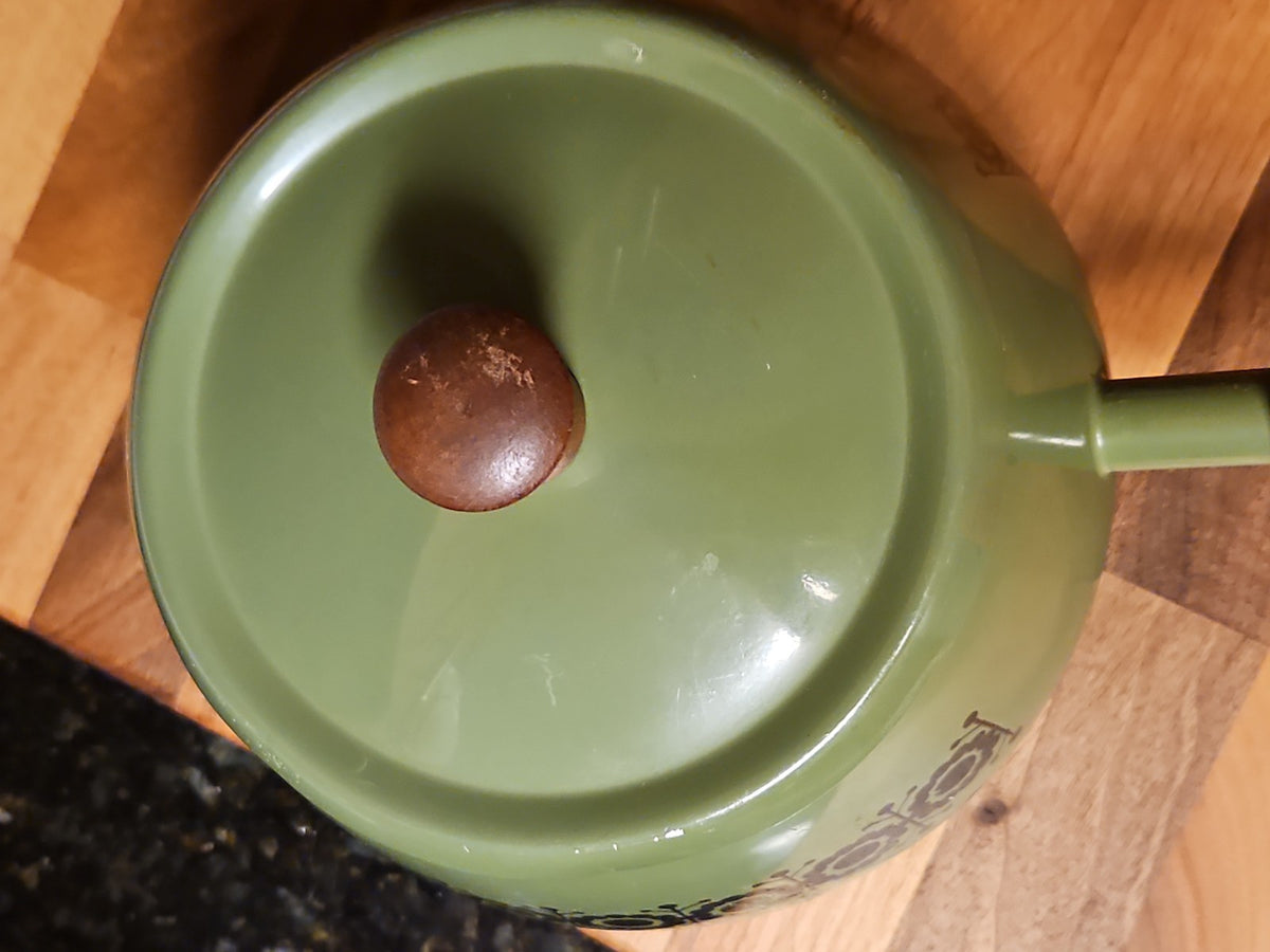 Vintage Green Enamel Fondue Pot Saucepan Floral MCM Boho Wood Handle 1970s