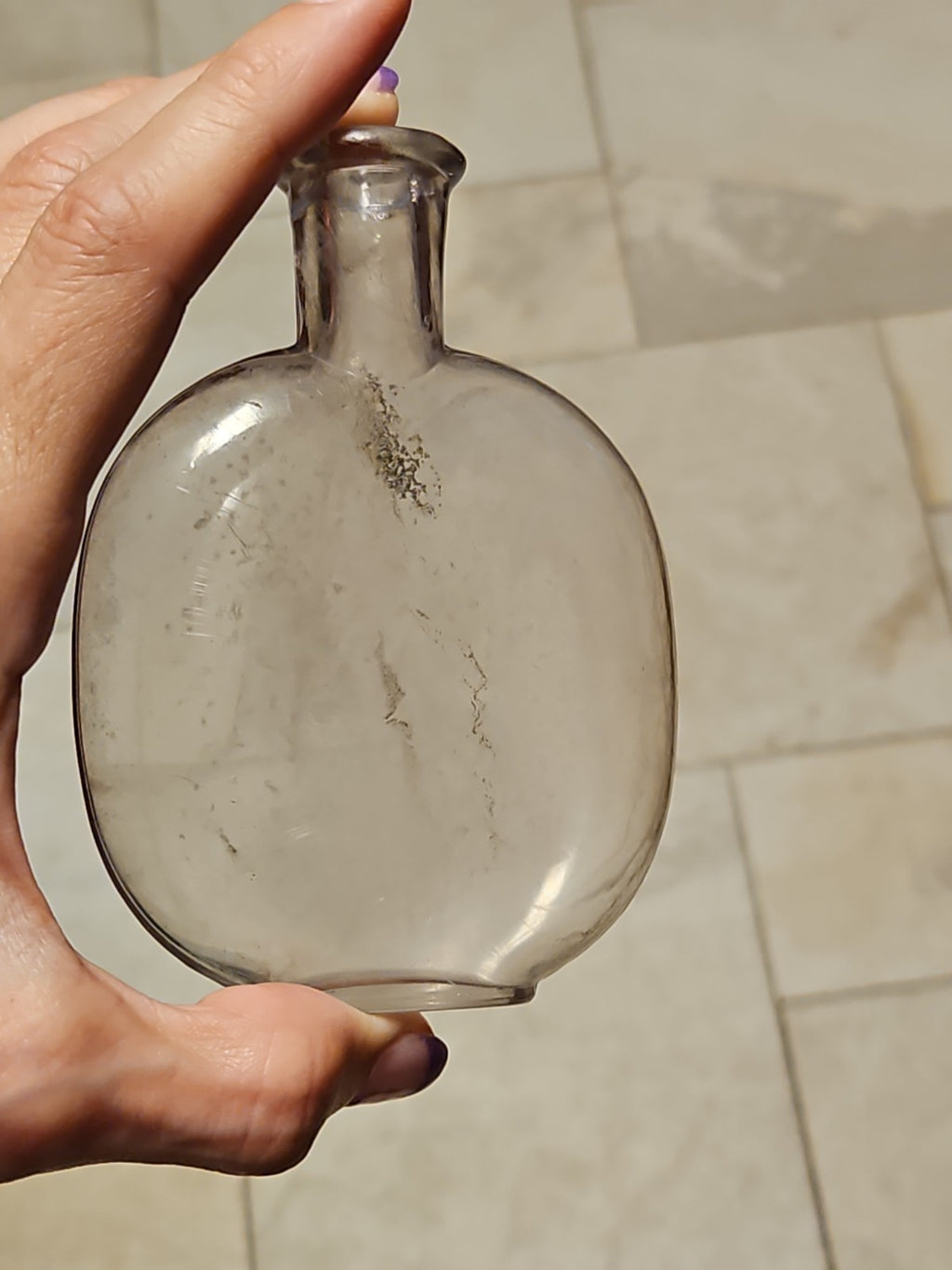 Set Of 2 Antique Blown Glass Pumpkin Seed Flasks 1 Pt & 1/2 Pt Purple Grey Tint