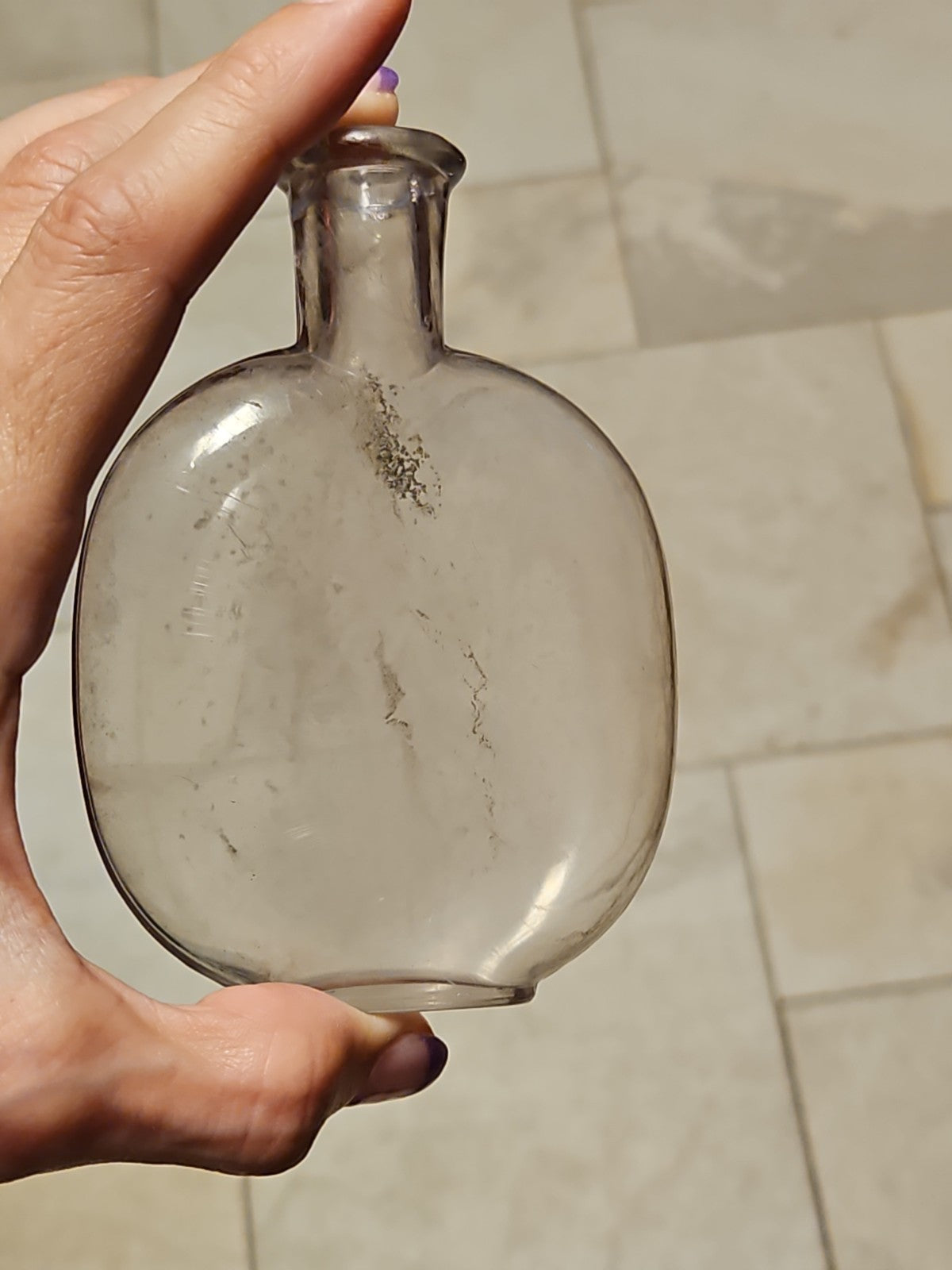 Set Of 2 Antique Blown Glass Pumpkin Seed Flasks 1 Pt & 1/2 Pt Purple Grey Tint