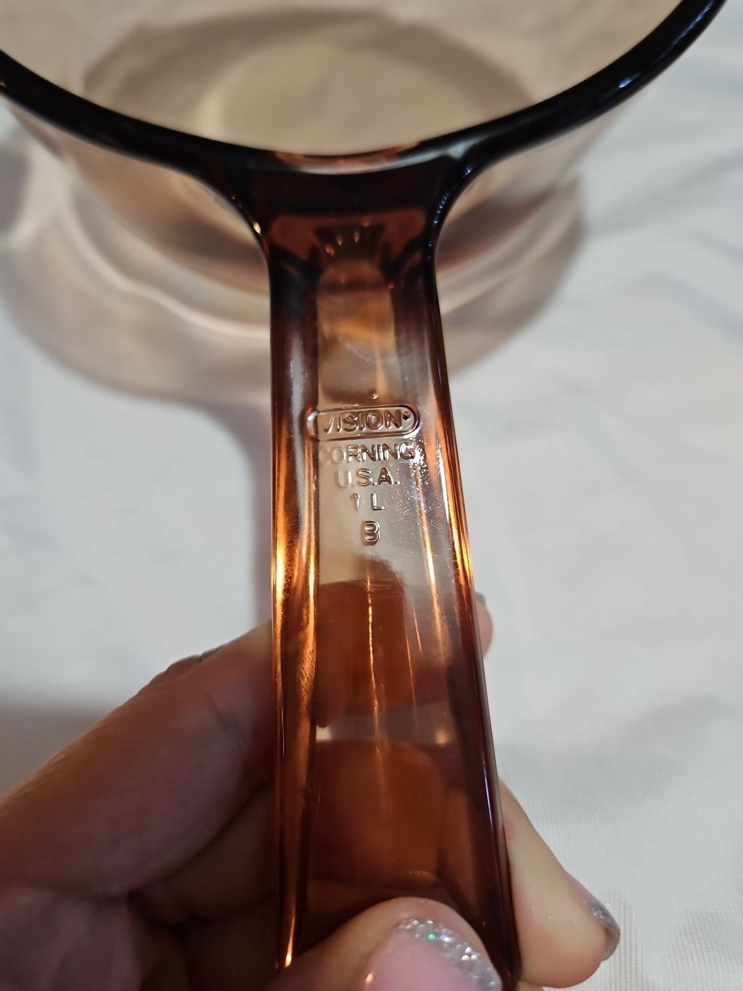 Vintage CorningWare Vision 1 L Amber Saucepan Pot w/ Spout & Pyrex V-1-C Lid