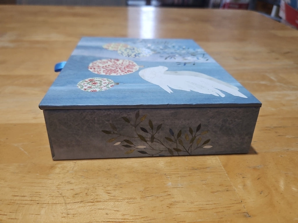 Elegant Storage Box Blue With Christmas Ornaments & Dove 7.75"x6"x2"