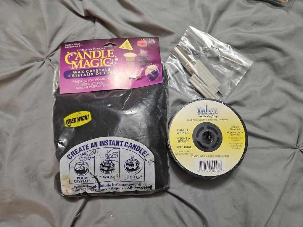 LOT OF CANDLE MAKING SUPPLIES - 4 MOLDS, CANDLE STICKERS, WICK, WAX NEW & USED