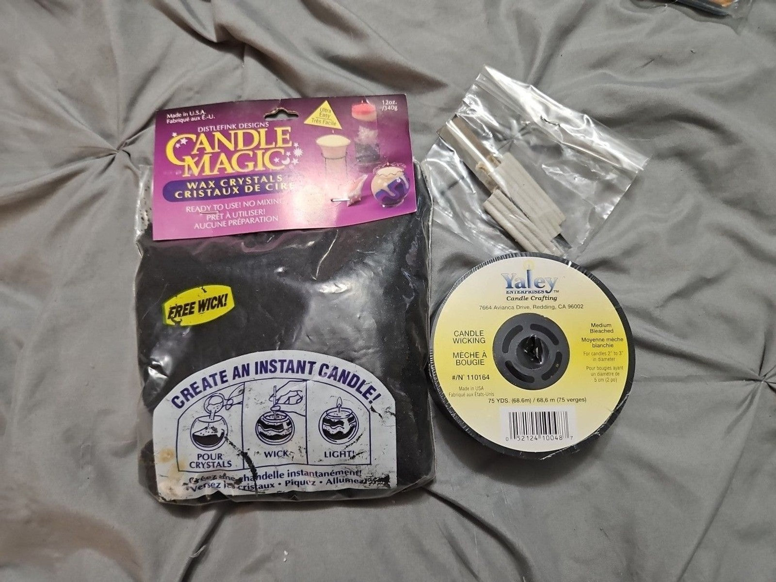 LOT OF CANDLE MAKING SUPPLIES - 4 MOLDS, CANDLE STICKERS, WICK, WAX NEW & USED