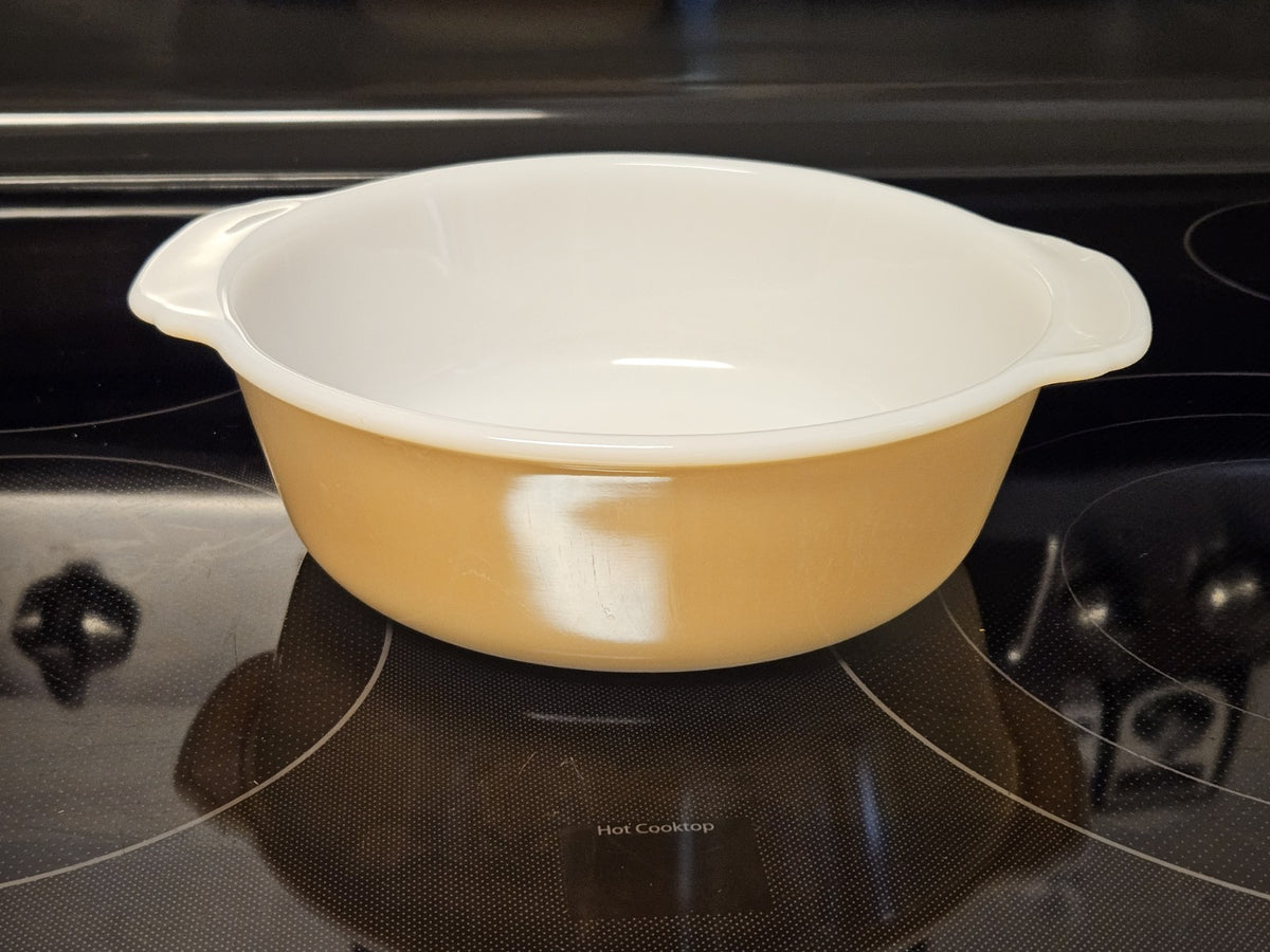 Vintage Fire King Peach Lustre Swirl 2 QT Round Casserole Dish Backward Stamp!