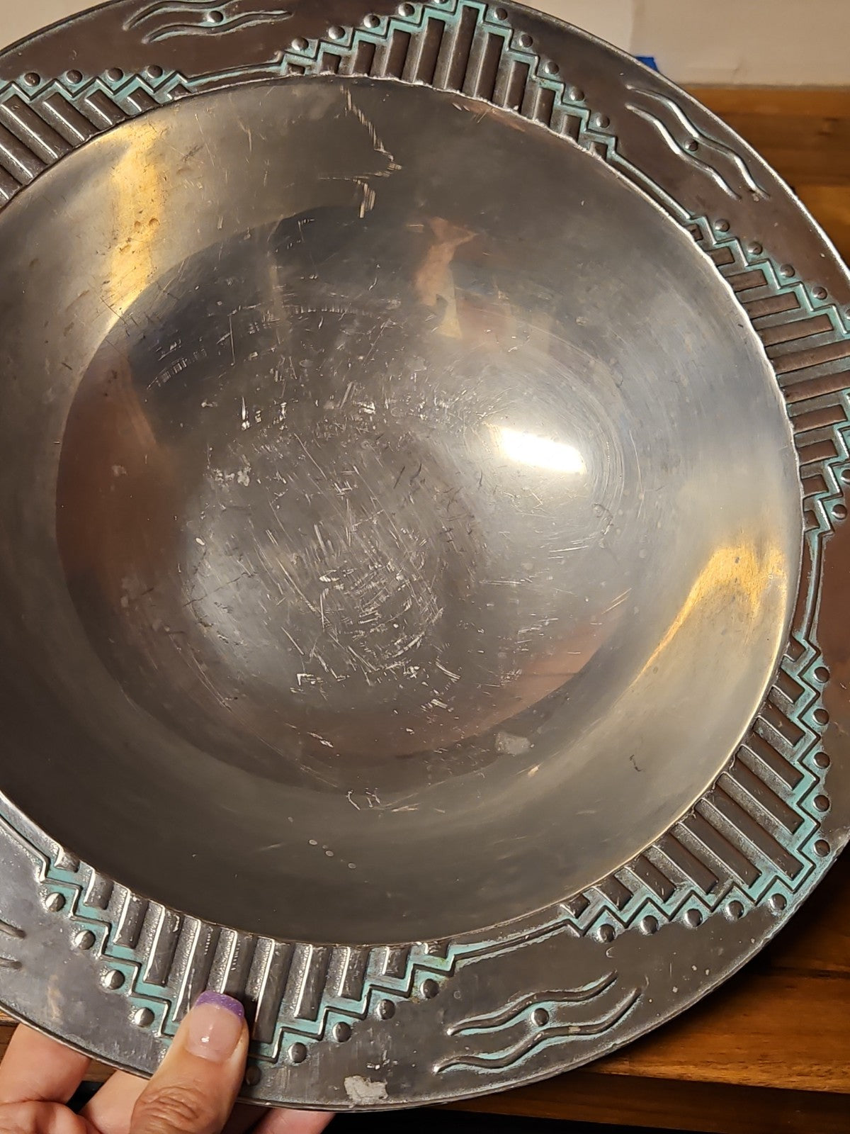 Vintage Wilton Armetale 14" Bowl Turquoise Zia Southwest Pattern Very Nice!