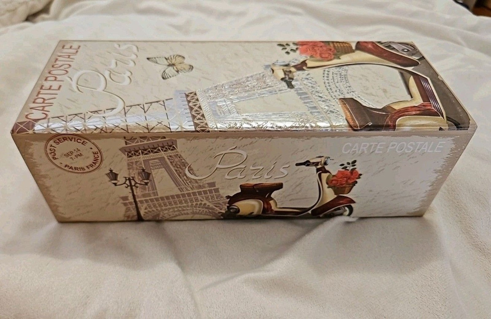 Elegant Storage Box Beige & Silver Paris Eiffel Tower Theme apprx 11.5 x 4.5 x4"