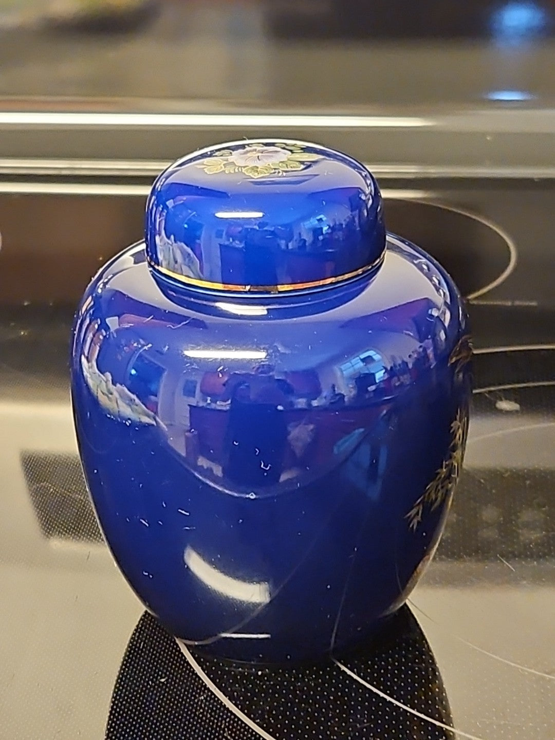 Vintage Kutani Style Cobalt Blue Ginger Jar Gold Trimmed Birds In Garden 5"