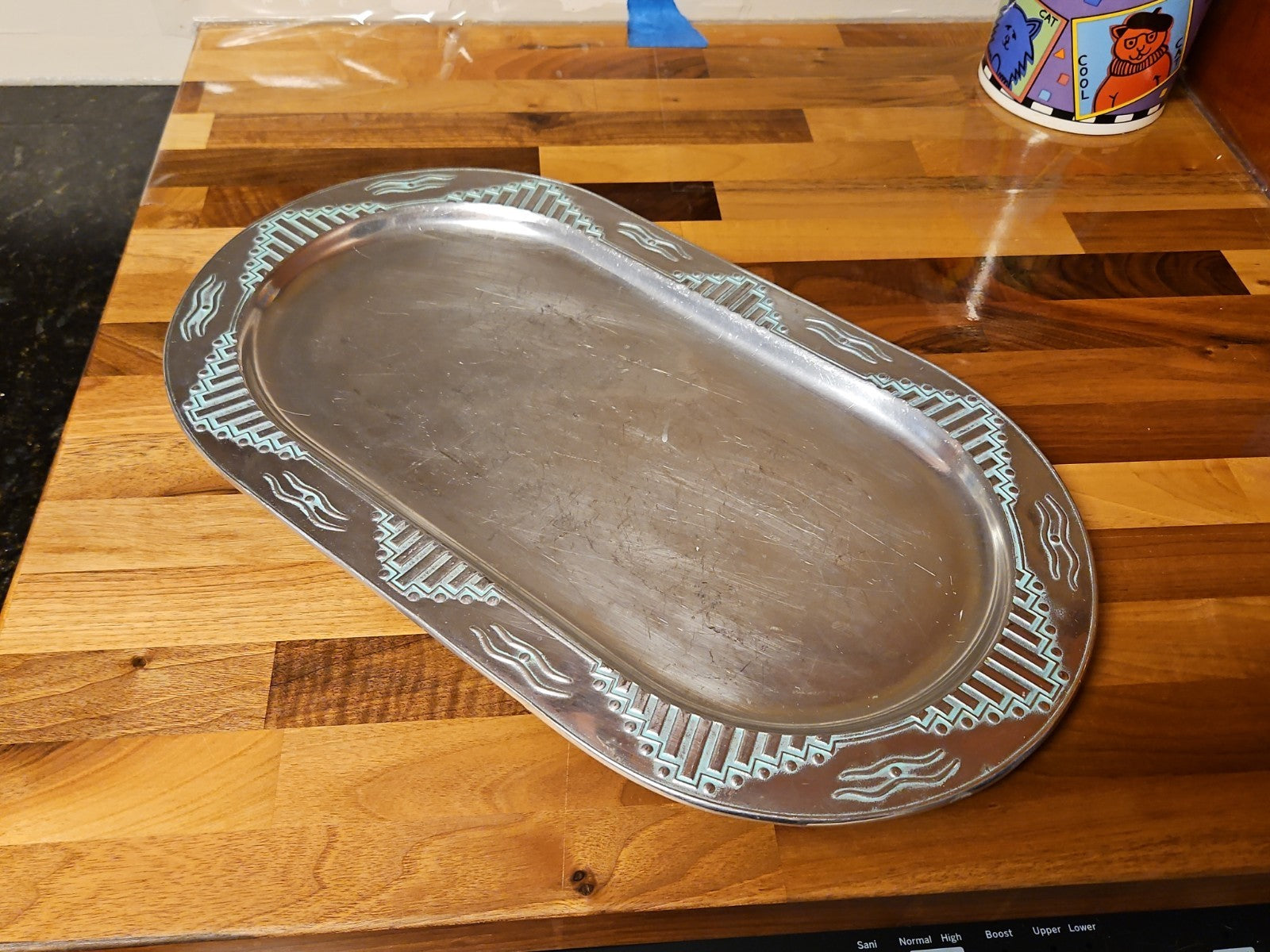Vintage Wilton Armetale Zia Turquoise Southwestern Oval Serving Platter  18.5"