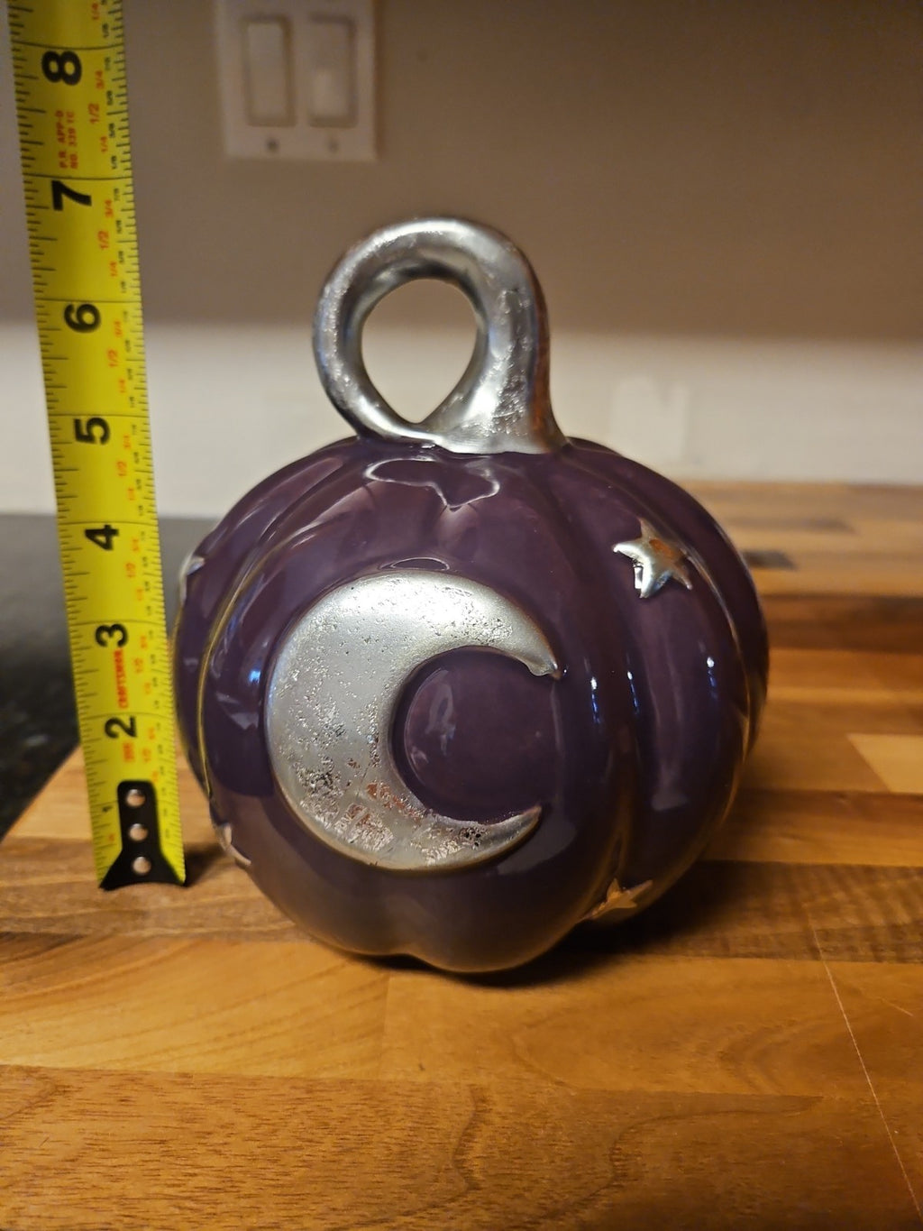 Purple & Silver Celestial Ceramic Pumpkin Goth Halloween Fall Decor 6.5" EUC