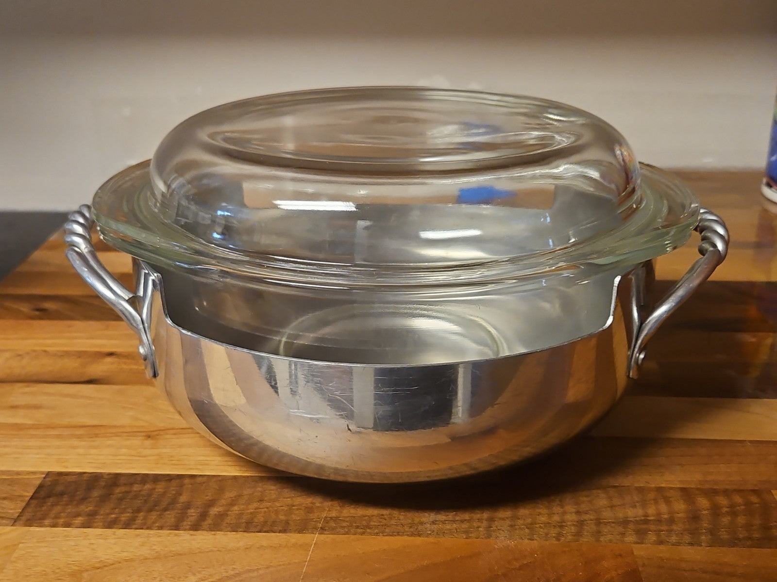 3pc Vintage Buenilum Hammered Aluminum Casserole Serving Set W/ Pyrex 024 & Lid