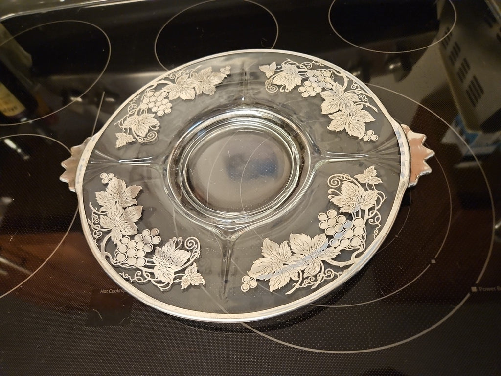 Vintage Glass Serving 11.5" Platter With Silver Grape Vine & Leaves Design