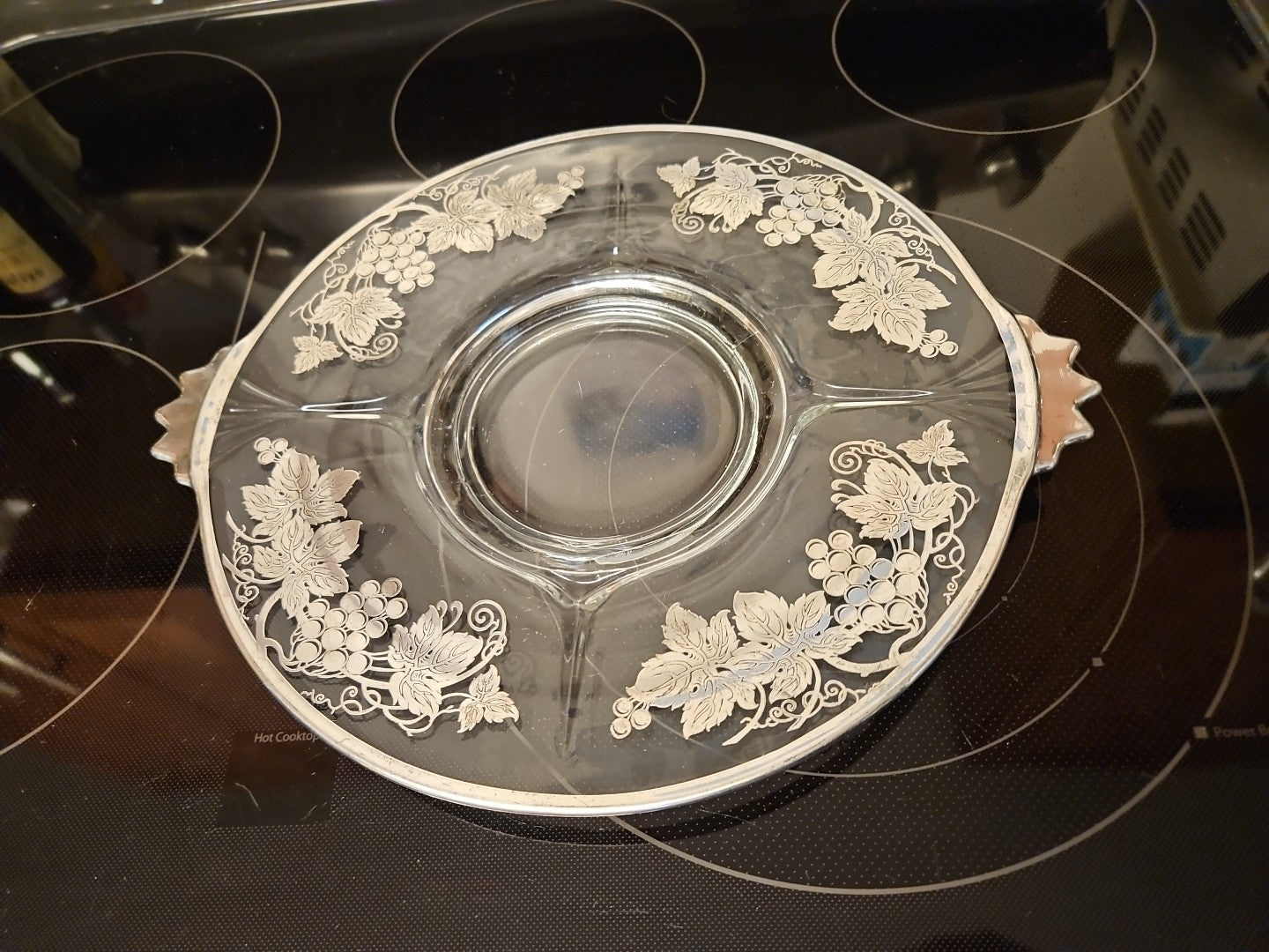 Vintage Glass Serving 11.5" Platter With Silver Grape Vine & Leaves Design
