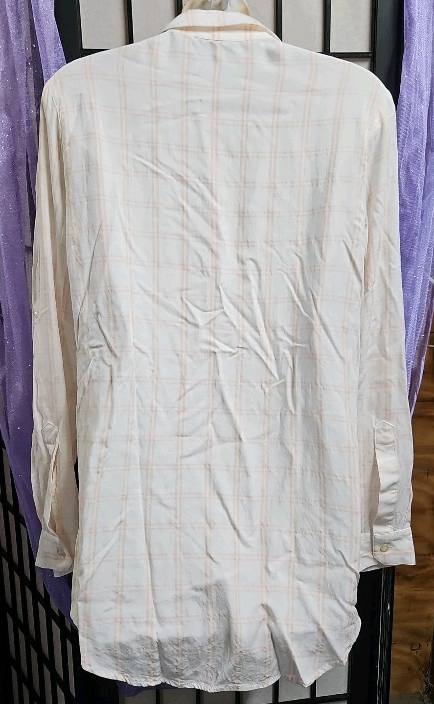 Calvin Klein Long Sleeve Roll Tab Peach & White Plaid Button Down Shirt - Sz S