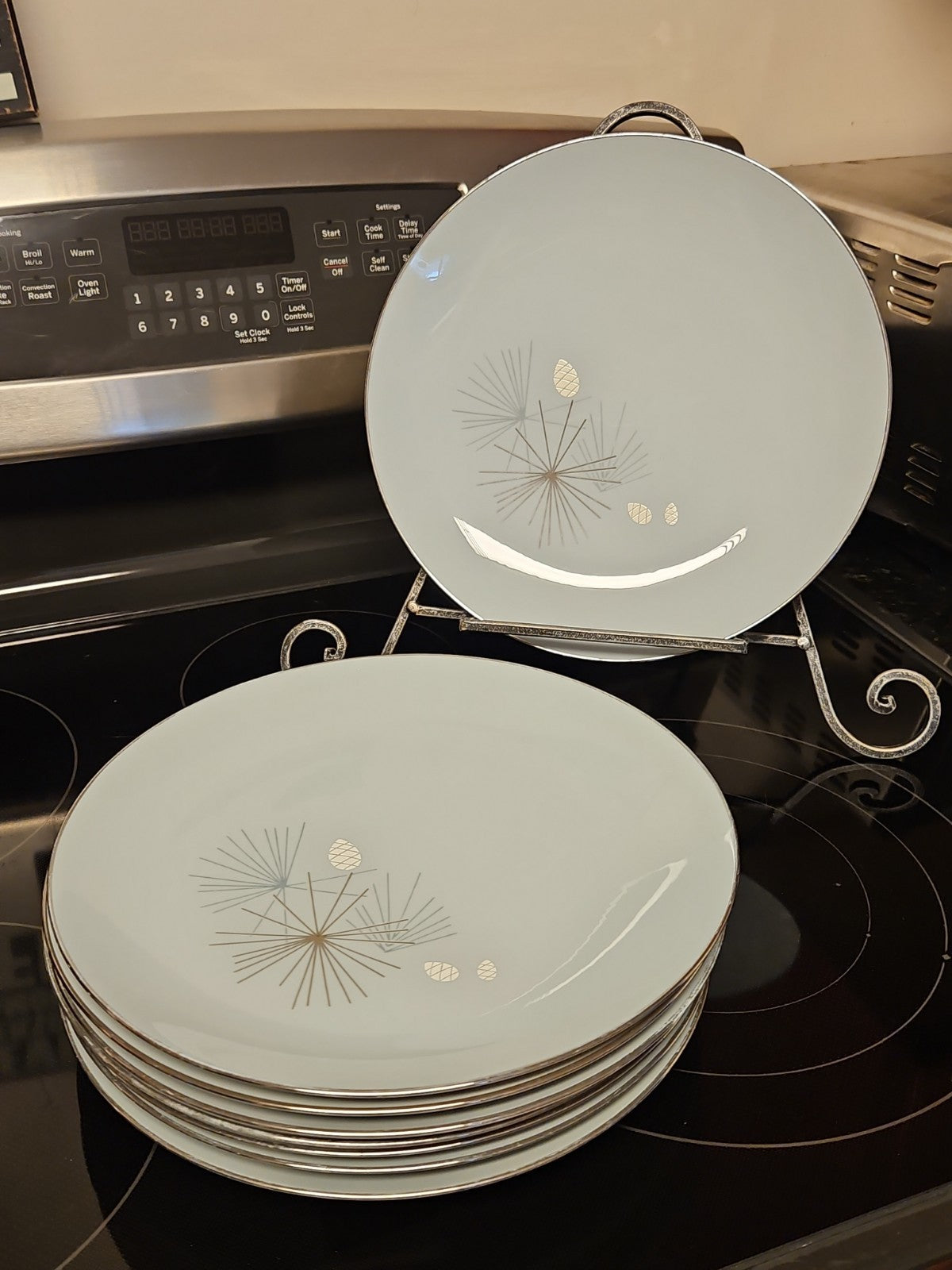 Set Of 8 Vintage MCM Franciscan Silver Pine Dinner Plates 10.5" Platinum Rim