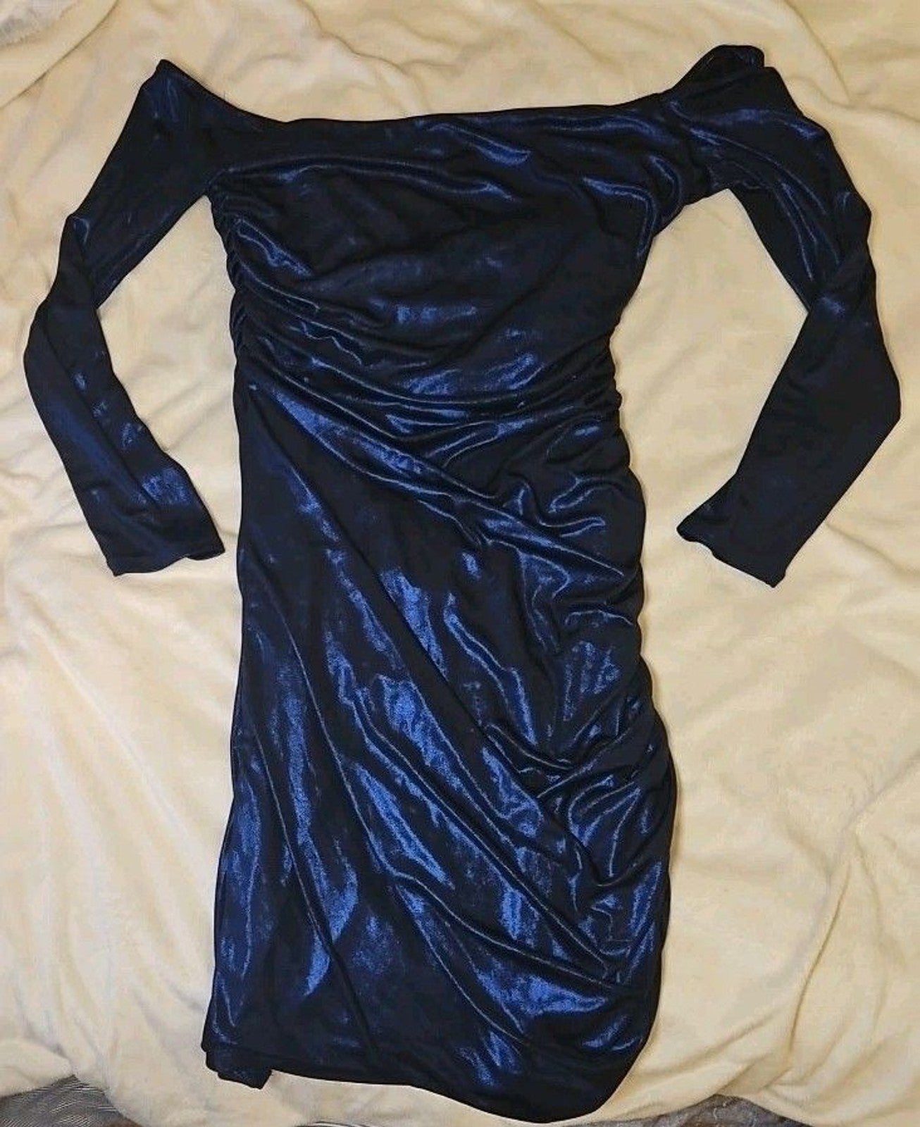 Express Women's Metallic Blue Dress Sz L Criss Cross Neckline Rouched Skirt