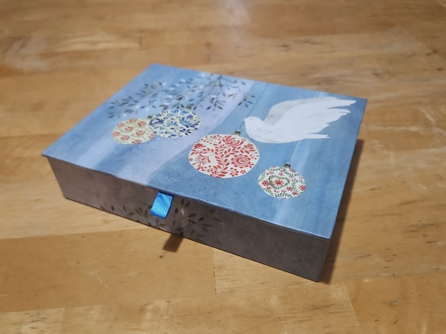Elegant Storage Box Blue With Christmas Ornaments & Dove 7.75"x6"x2"