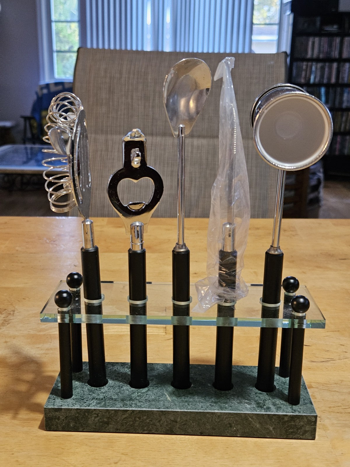 Vintage MCM Bar Tool Set Of 5 Pieces On Green Marble Stand