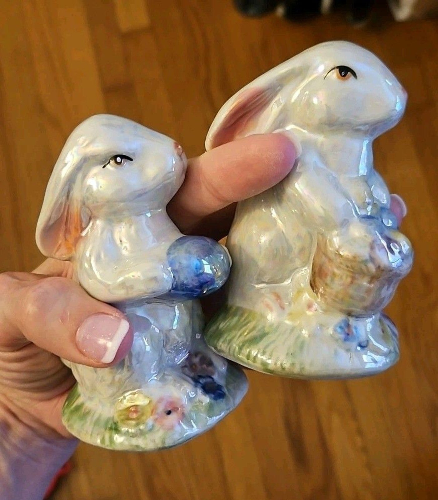 Set Of 2 Iridescent Easter Bunny Ceramic Figurines, Beautiful!