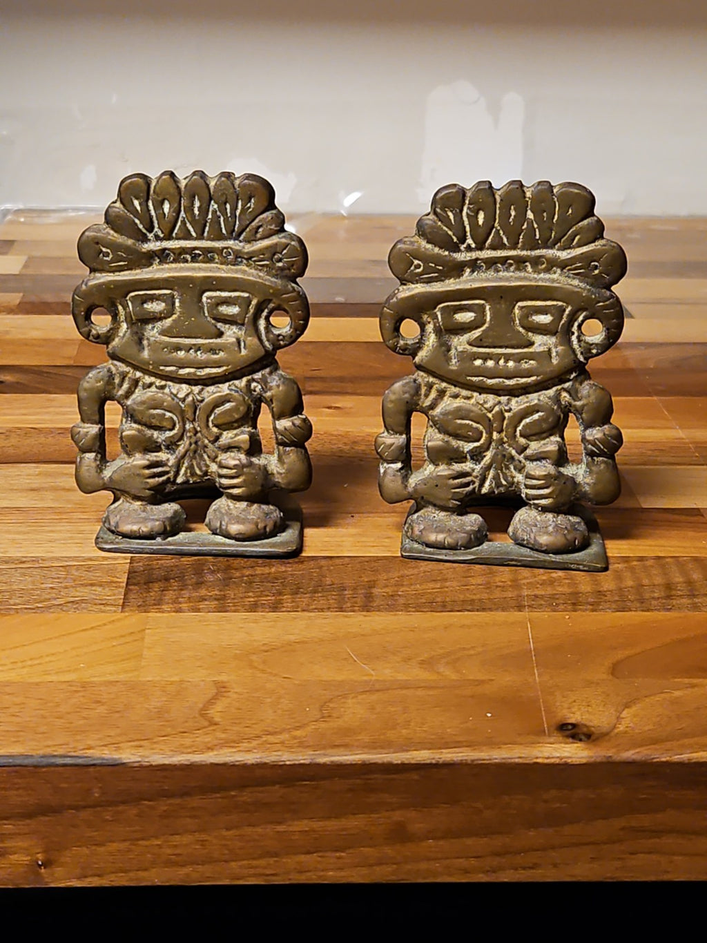 Vintage MCM Mesoamerican Mayan Deity Aztec Warrior Style Brass Bookends
