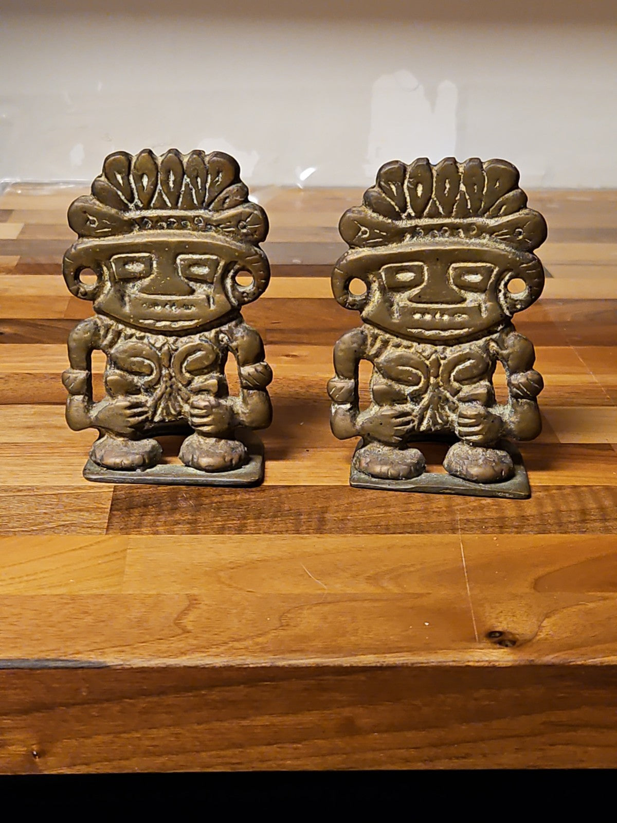Vintage MCM Mesoamerican Mayan Deity Aztec Warrior Style Brass Bookends
