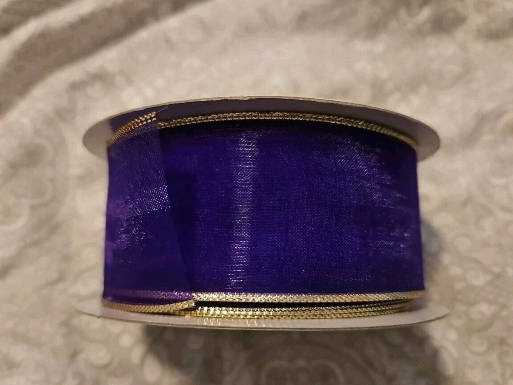 P112B 38 Sheer Purple Chiffon Wired Ribbon W Gold Metallic Edge, 1.5 in, 25-yard