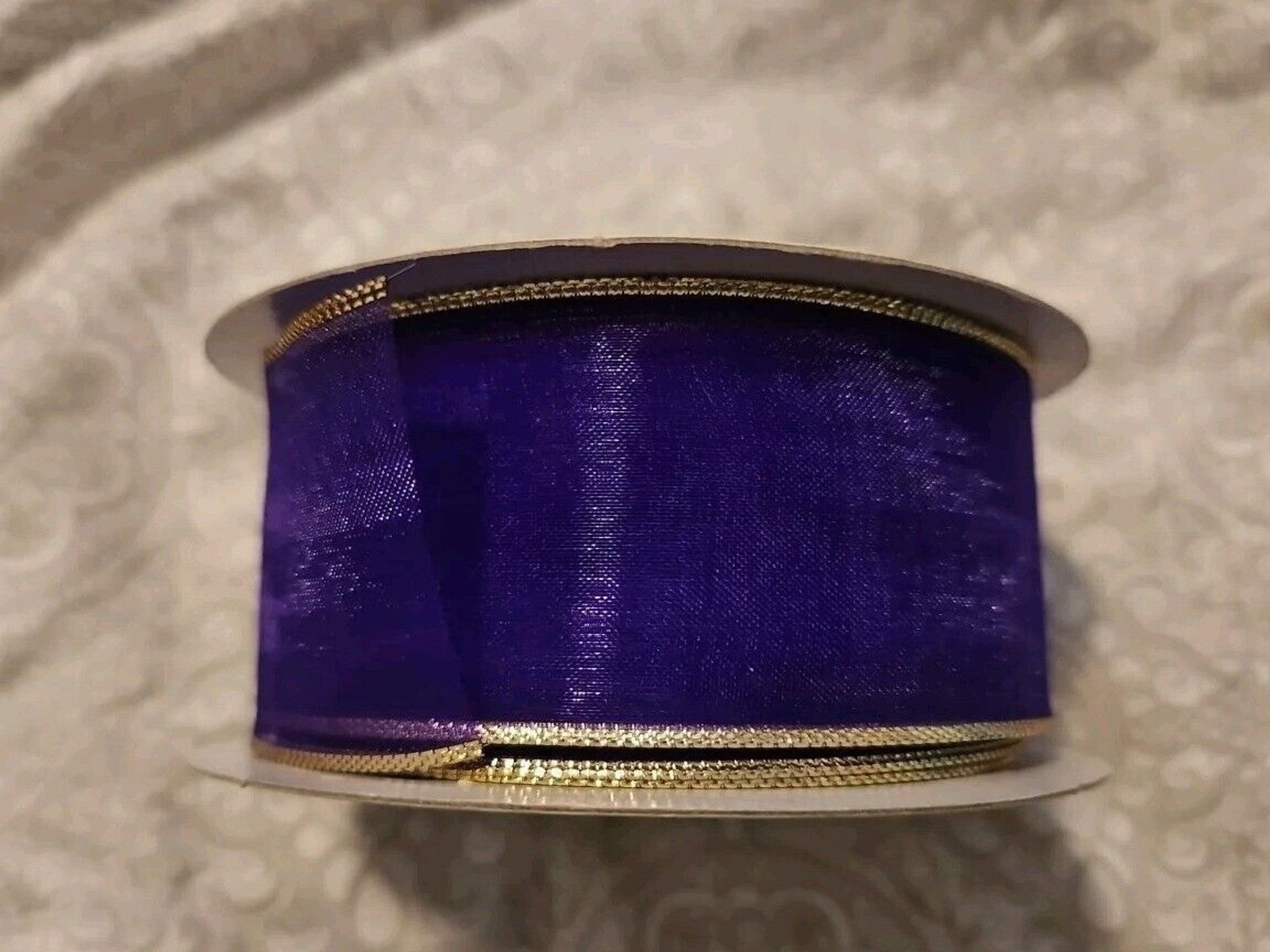 P112B 38 Sheer Purple Chiffon Wired Ribbon W Gold Metallic Edge, 1.5 in, 25-yard