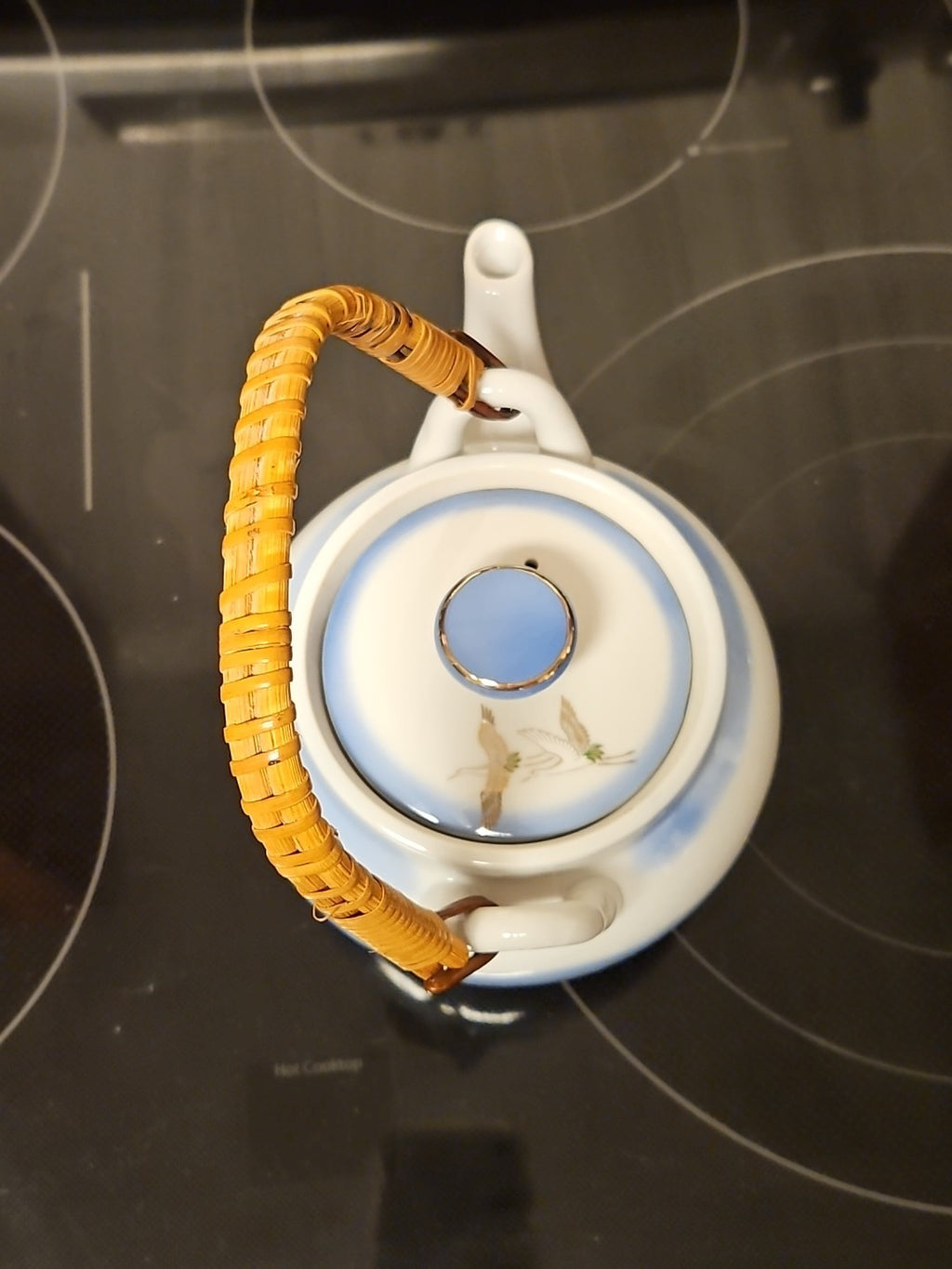 Vintage Blue Porcelain Tea Pot with Straw Handle Japanese Cranes Gold Accent EUC