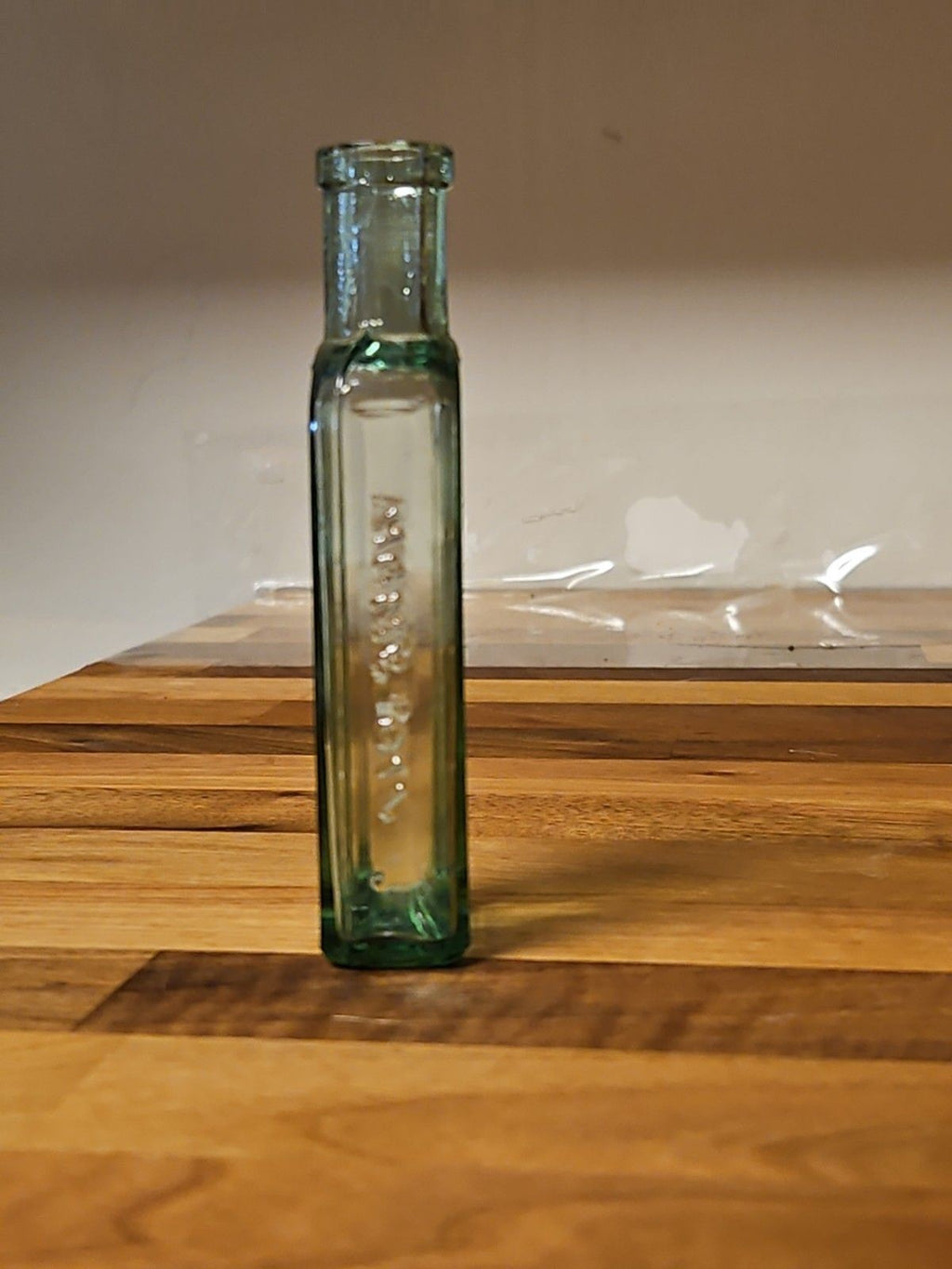 Antique 1890's Clear Blown Glass Home Oil Bottle Green Tint Sample Size 4.25"