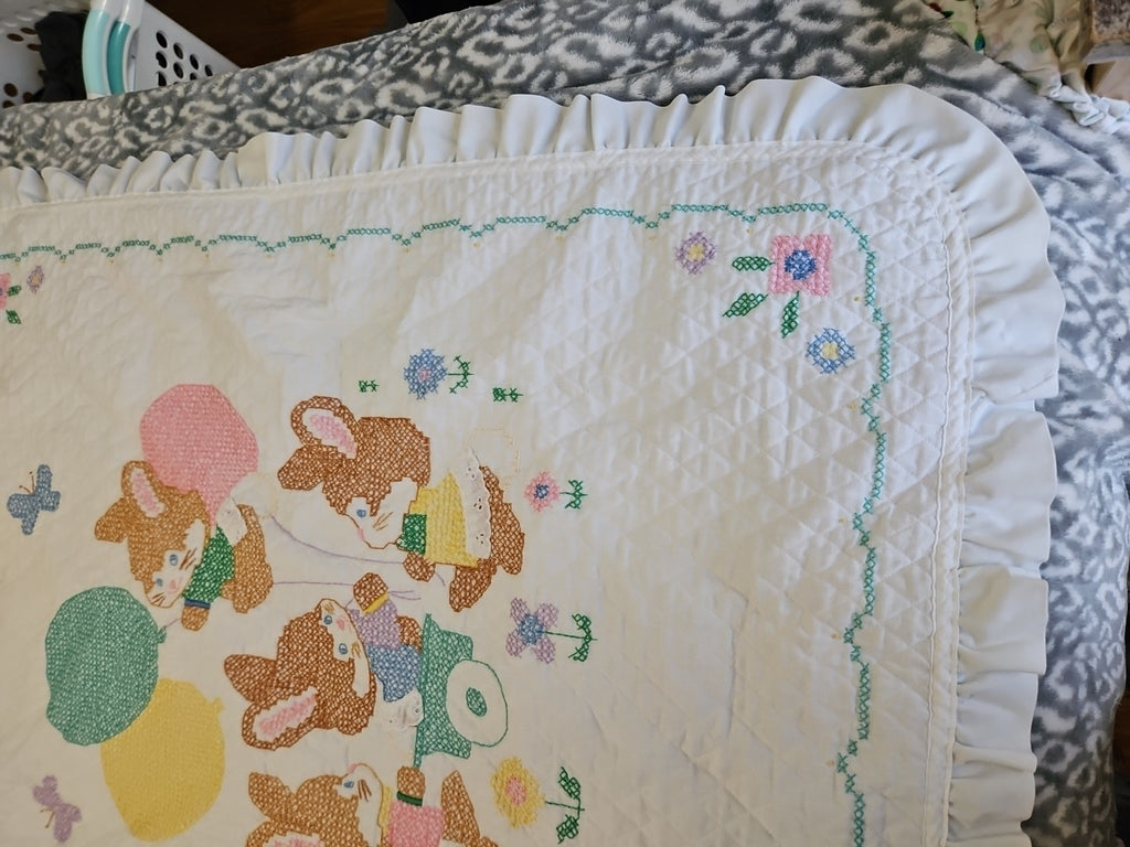 Handmade Baby Blanket Embroidered Cross Stitch Bunnies Ruffled Edge 42" X 33"