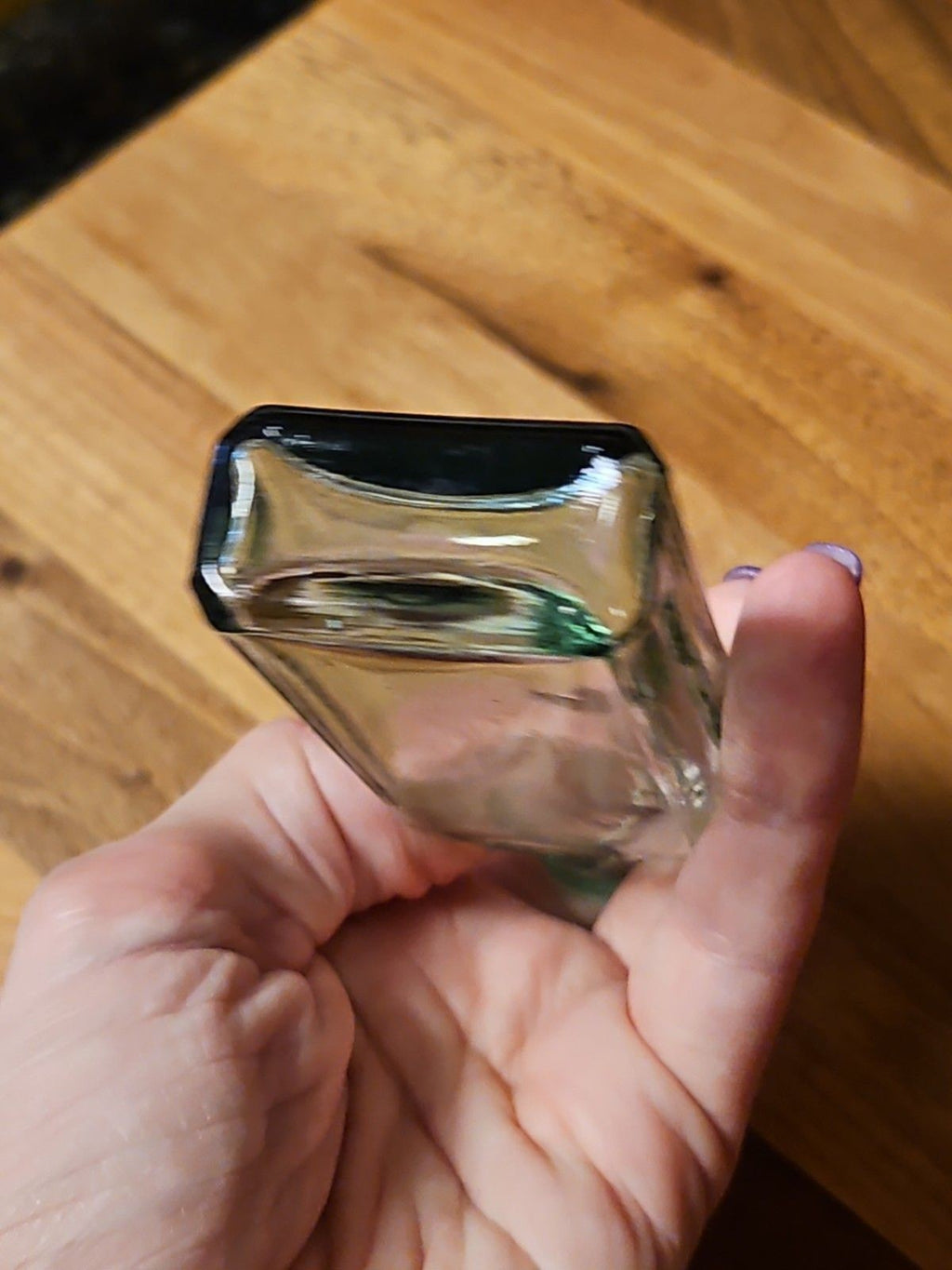 Antique 1890's Clear Blown Glass Home Oil Bottle Green Tint Sample Size 4.25"