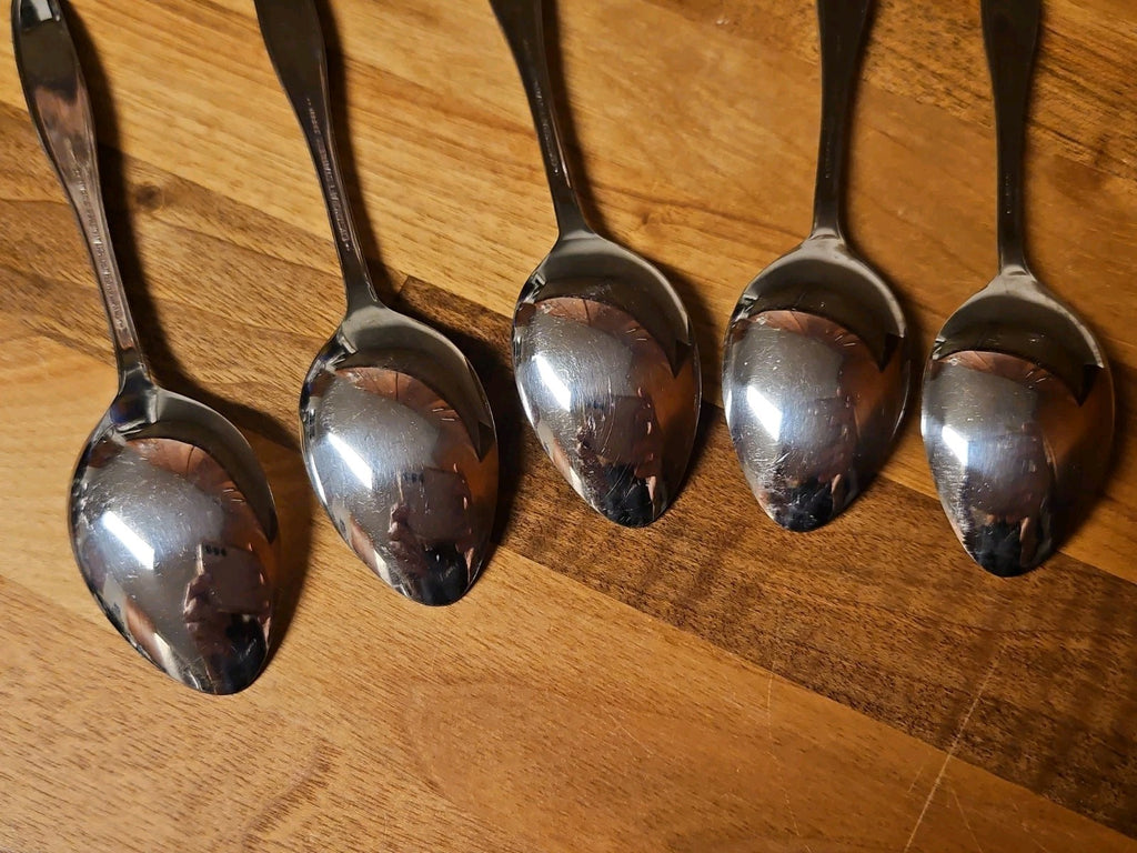 Lot Of 5 Vintage CustomCraft Stainless Steel Spoons CUS10 Rose Design Teaspoons