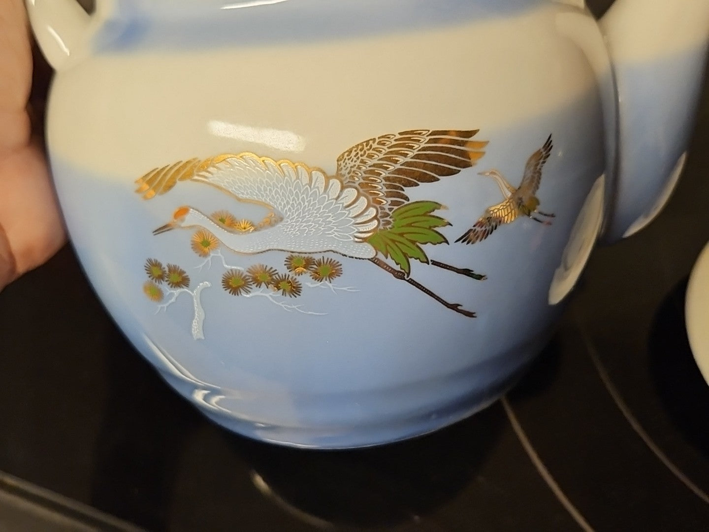 Vintage Blue Porcelain Tea Pot with Straw Handle Japanese Cranes Gold Accent EUC