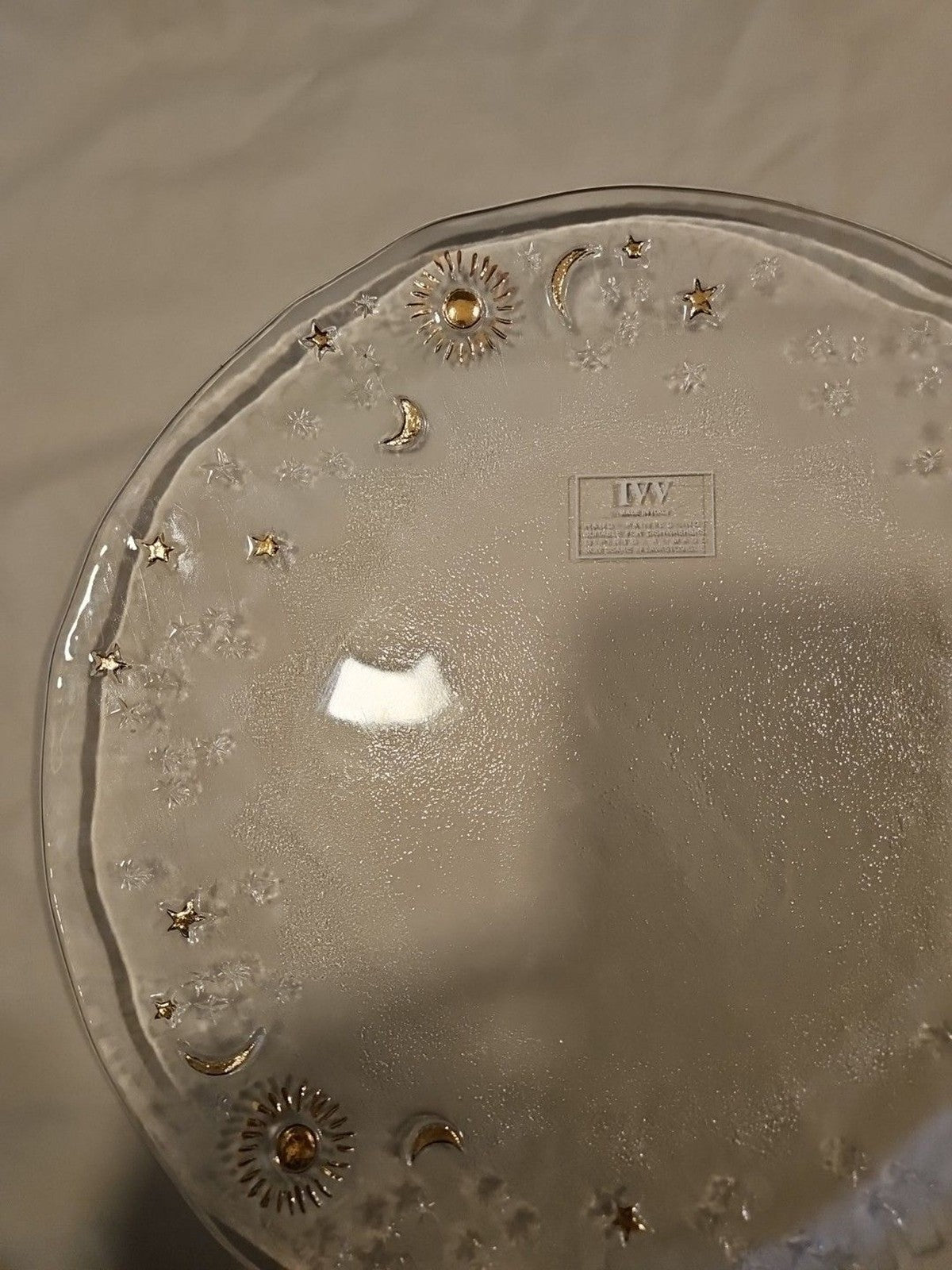 IVV Hand Painted Clear Glass Celestial Moon, Stars, Sun Plate 13.5" Gold Accents
