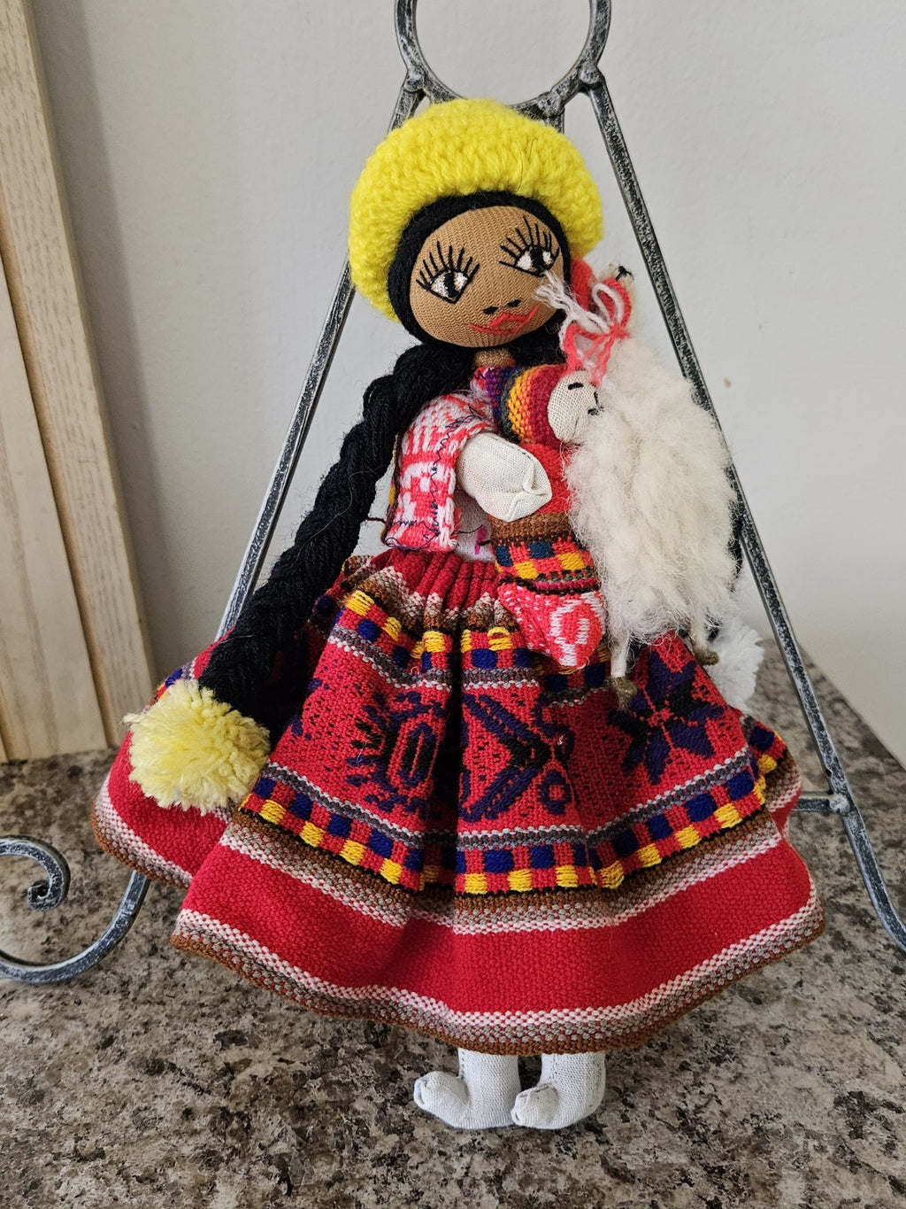 Vintage Peruvian Folk Art Hand Made Cloth Rag Doll 11” With Llama & Baby