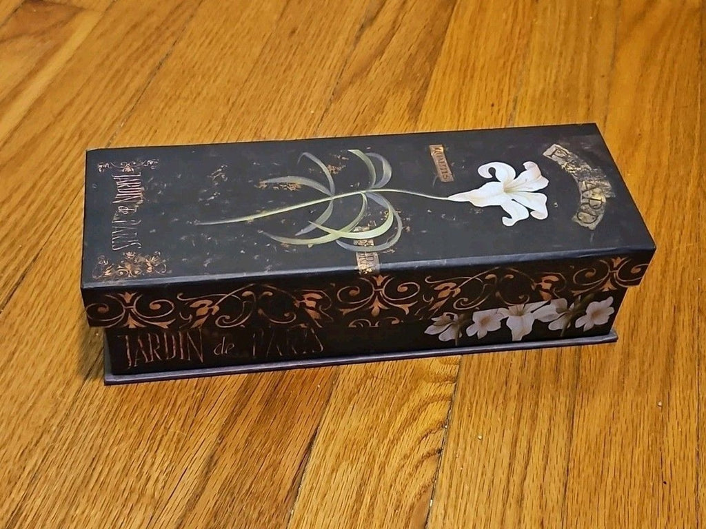 Elegant Storage Box Black Jardin De Paris With White Lilies apprx 10.5x3.75x2.75